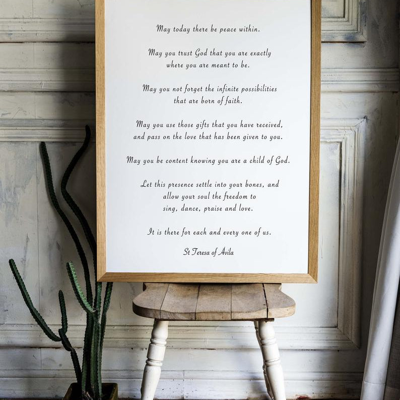 St. Teresa Of Avila Peace Quote Print in Black & White, May Today There Be Peace Within Unframed Inspirational Quote Wall Art Print - BookQuoteDecor