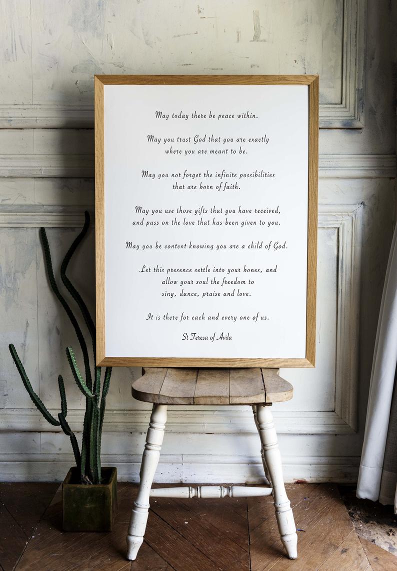 St. Teresa Of Avila Peace Quote Print in Black & White, May Today There Be Peace Within Unframed Inspirational Quote Wall Art Print - BookQuoteDecor