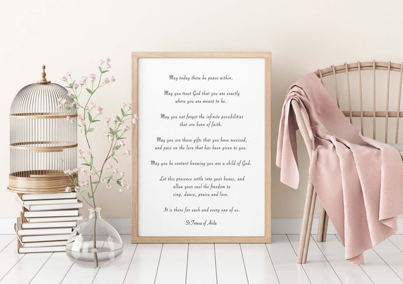 St. Teresa Of Avila Peace Quote Print in Black & White, May Today There Be Peace Within Unframed Inspirational Quote Wall Art Print - BookQuoteDecor