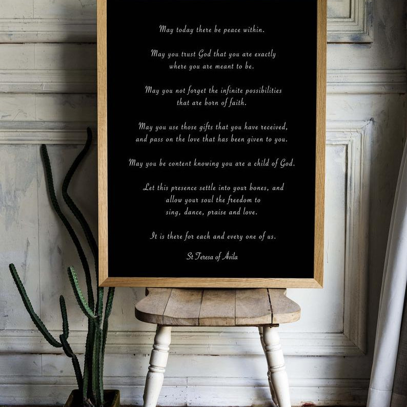 St. Teresa Of Avila Peace Quote Print in Black & White, May Today There Be Peace Within Unframed Inspirational Quote Wall Art Print - BookQuoteDecor