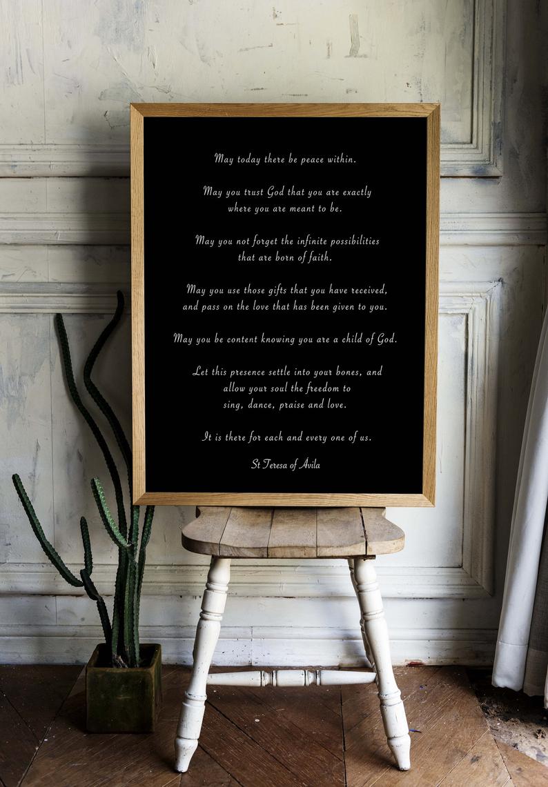 St. Teresa Of Avila Peace Quote Print in Black & White, May Today There Be Peace Within Unframed Inspirational Quote Wall Art Print - BookQuoteDecor