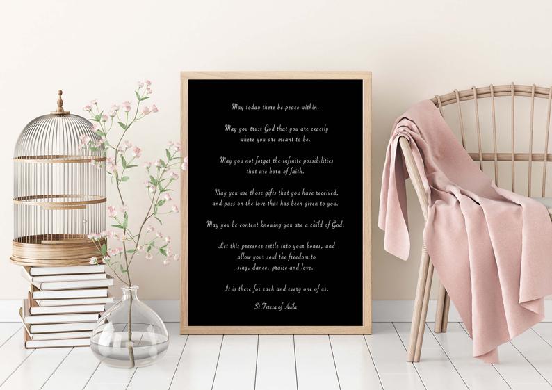 St. Teresa Of Avila Peace Quote Print in Black & White, May Today There Be Peace Within Unframed Inspirational Quote Wall Art Print - BookQuoteDecor