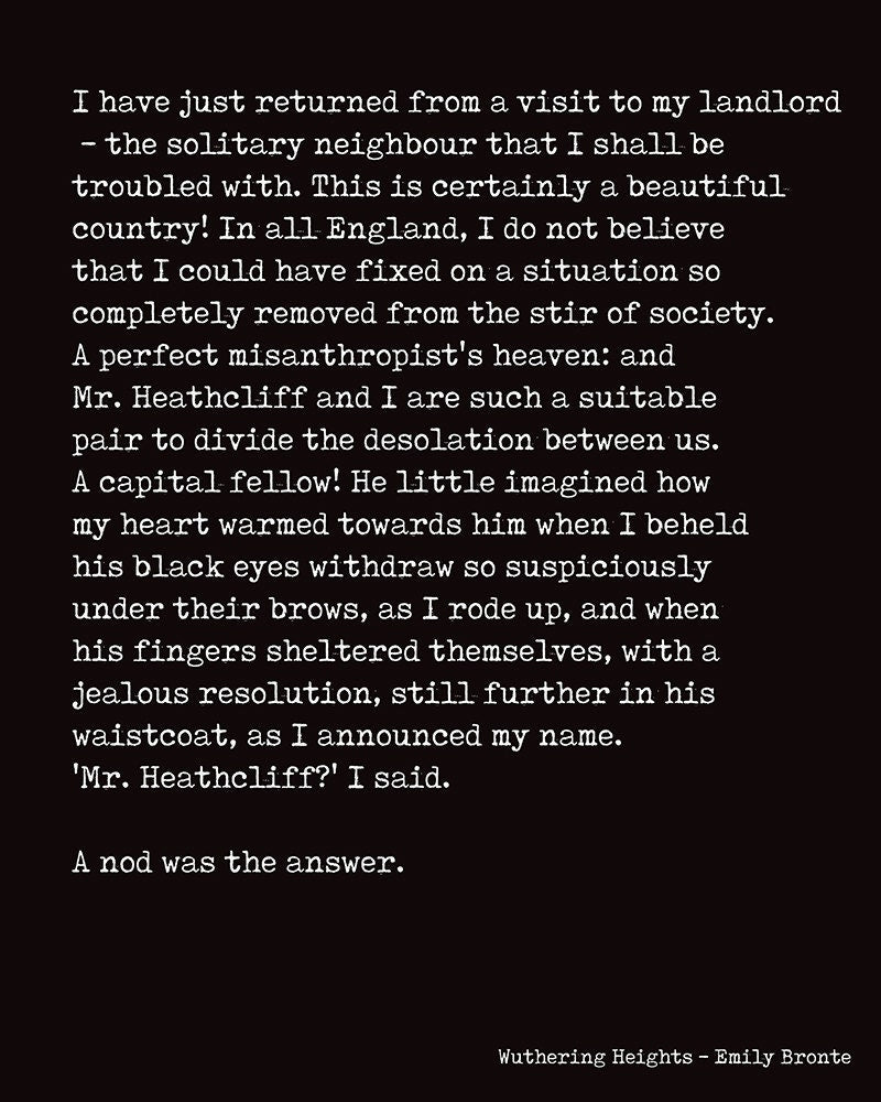 Emily Bronte Art Wall Decor, Wuthering Heights Print opening lines