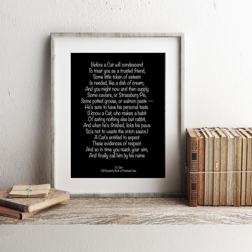 TS Eliot Art Cat Poem, Old Possum's Book of Practical Cats Wall Art Print, Unframed Cat Lover Quote, cat lovers decor - BookQuoteDecor