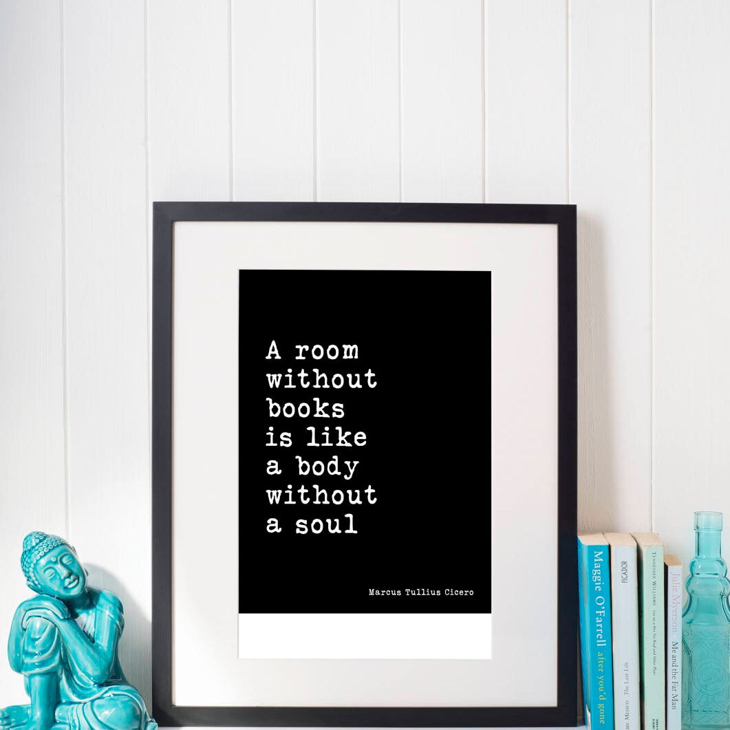 A Room Without Books Marcus Tullius Cicero Art Print in Black and White, unframed Library Wall Decor