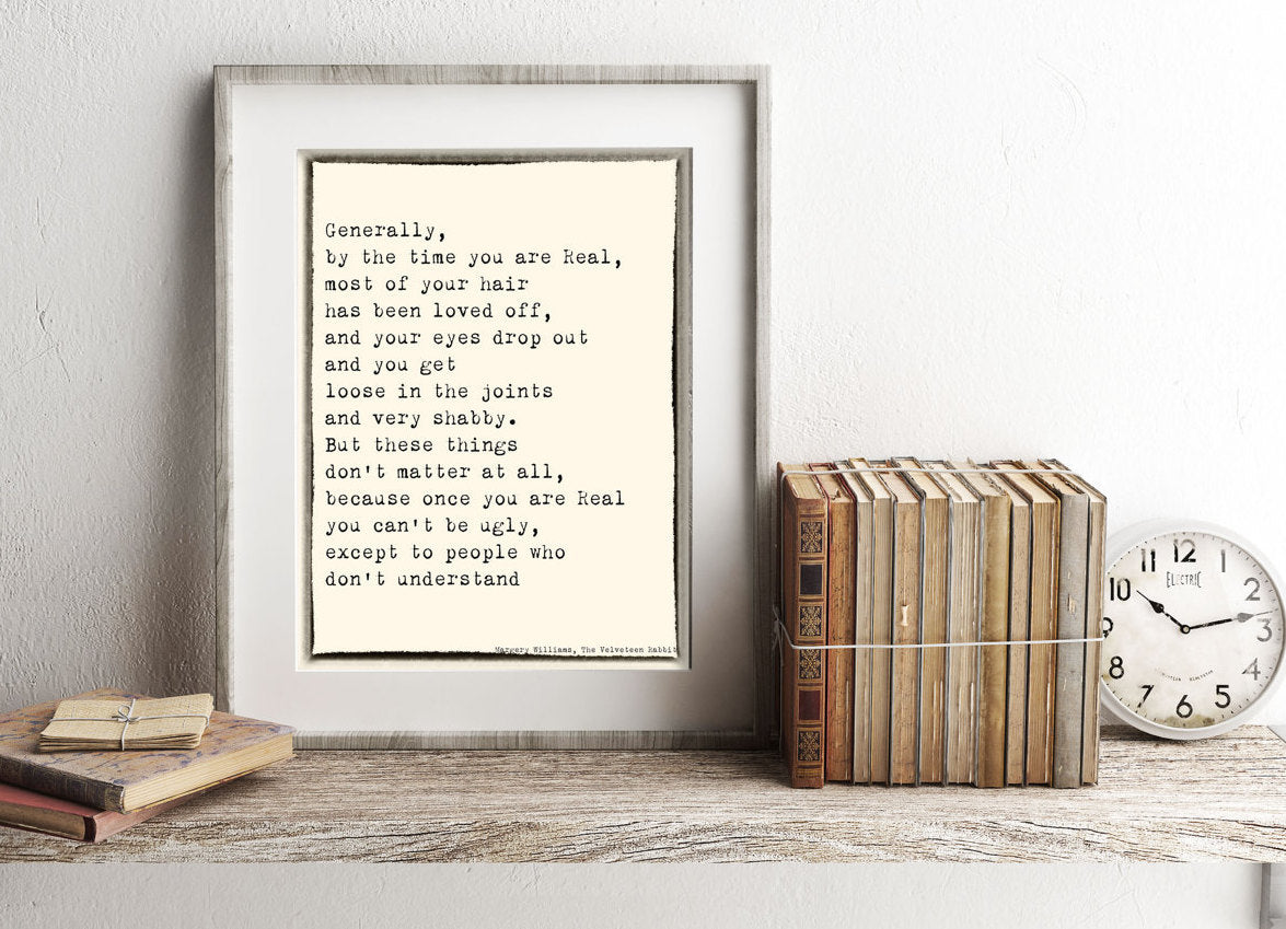 By the Time You Are Real Velveteen Rabbit Quote Print, Margery Williams Wall Art for  Nursery or Kids Room Decor