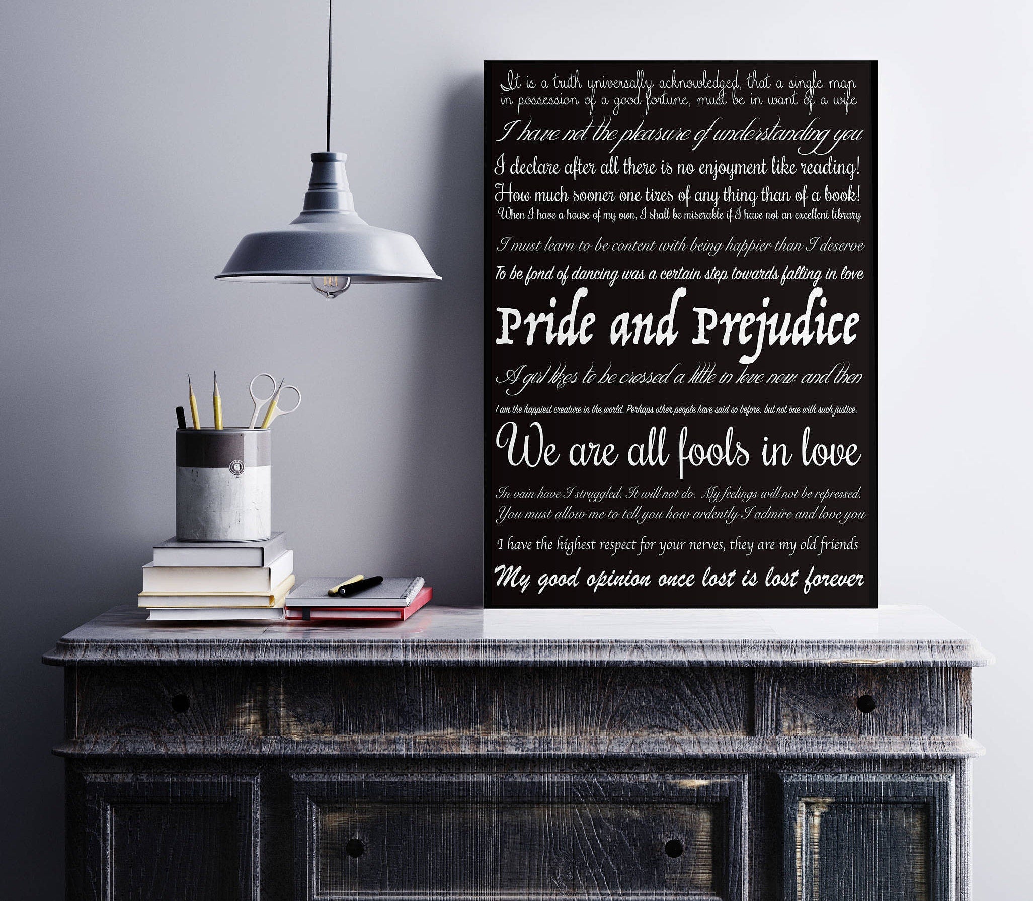 Pride and Prejudice Quotes Print, Unframed High Quality Jane Austen Art Print in Black & White