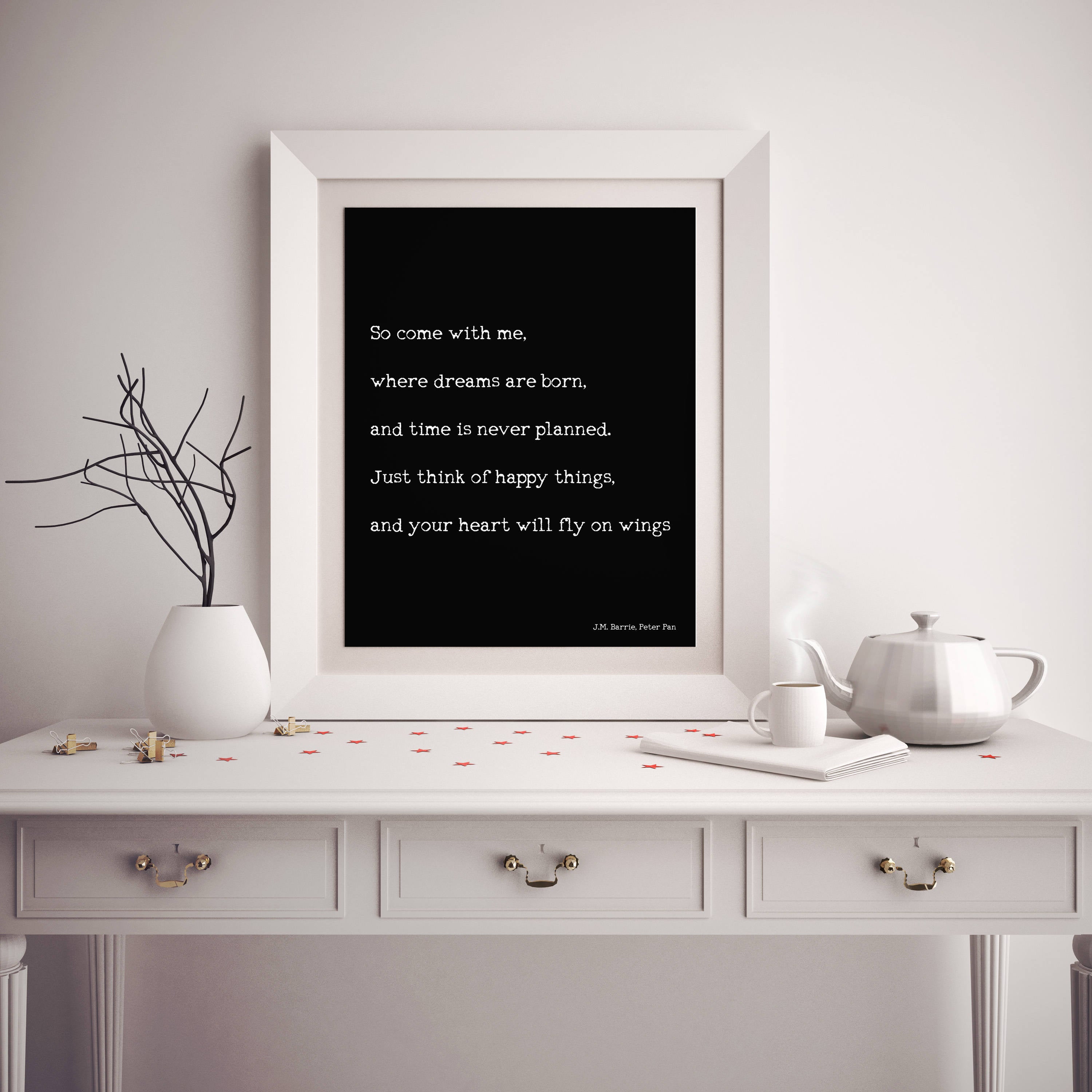 Peter Pan Wall Art Prints, Think Of Happy Things Inspirational Quote Print in Black & White