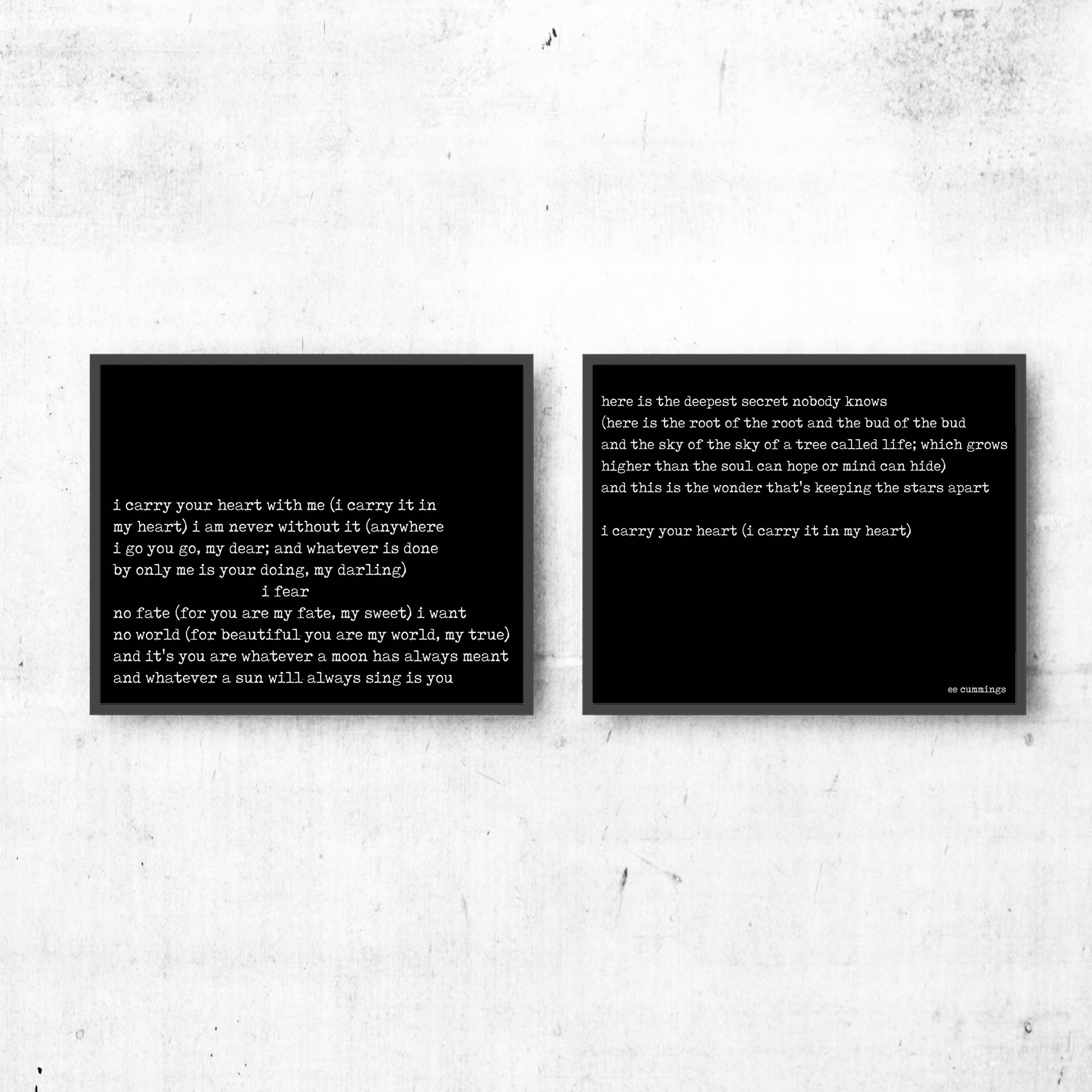ee cummings I Carry Your Heart Wall Art Prints, unframed Poetry Quote Art Set