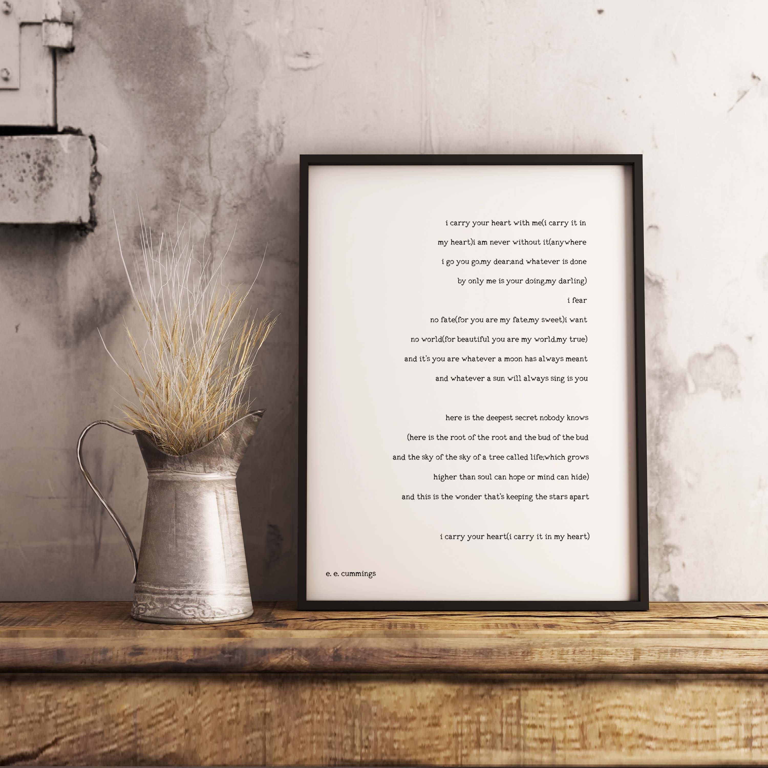 I carry your heart FRAMED Print - ee cummings Wall Art Prints, Bedroom Decor Or Wedding Poem Print in Black & White