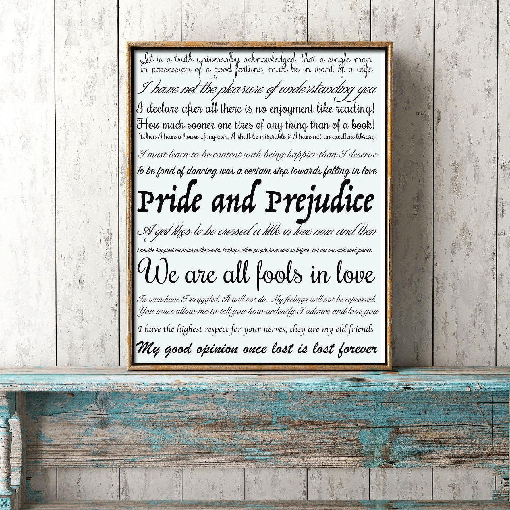 Pride and Prejudice Quotes Print, Unframed High Quality Jane Austen Art Print in Black & White