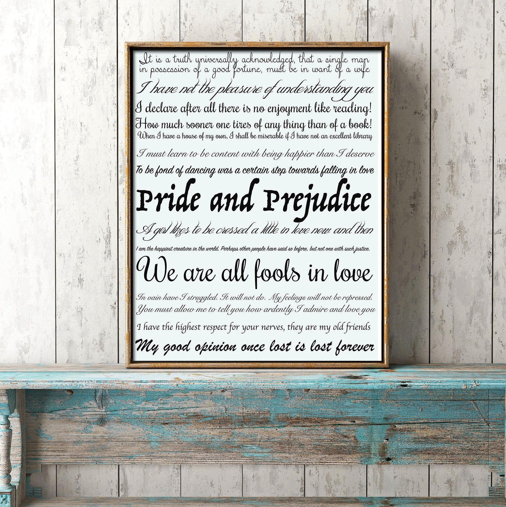 Pride and Prejudice Quotes Print, Unframed High Quality Jane Austen Art Print in Black & White