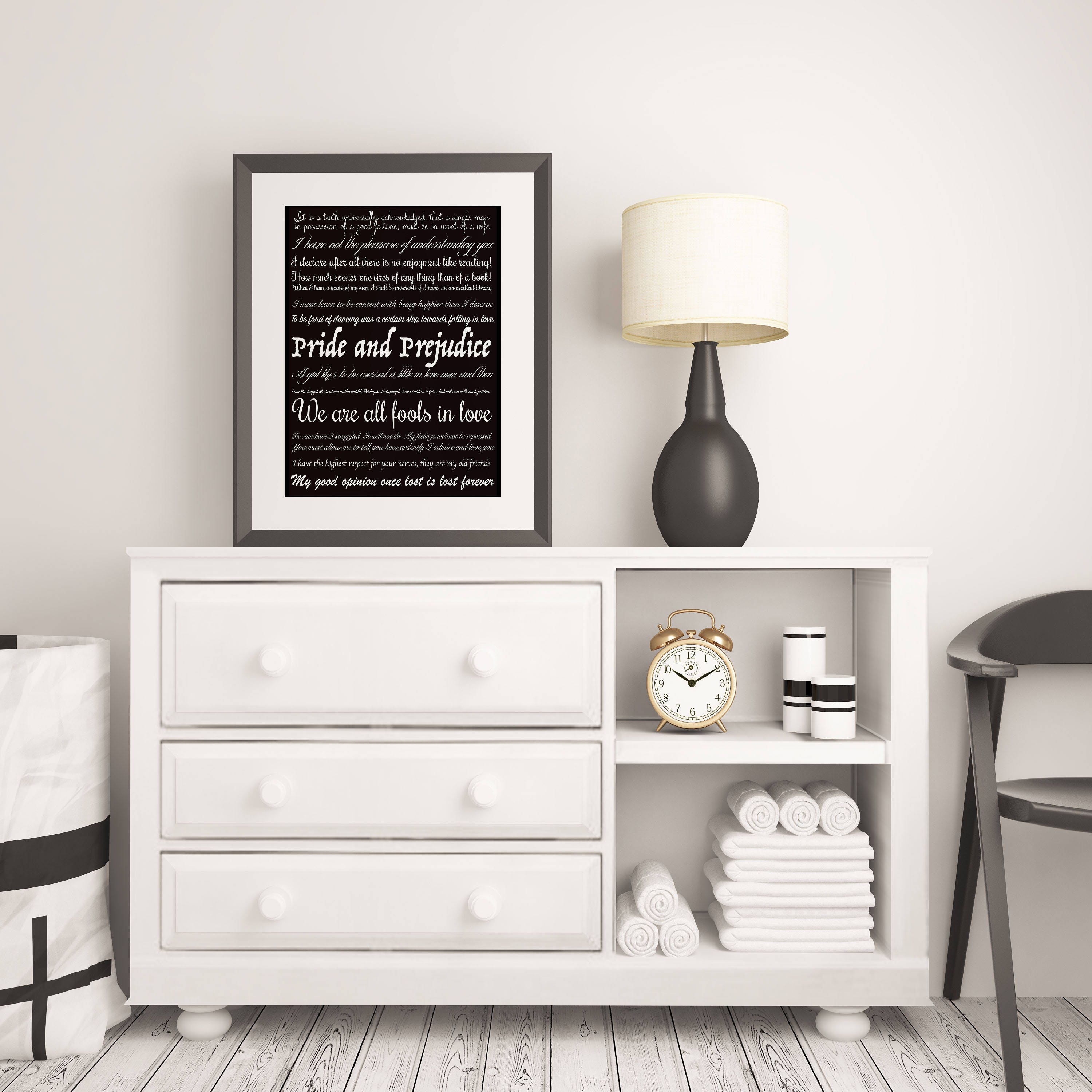 Pride and Prejudice Quotes Print, Unframed High Quality Jane Austen Art Print in Black & White