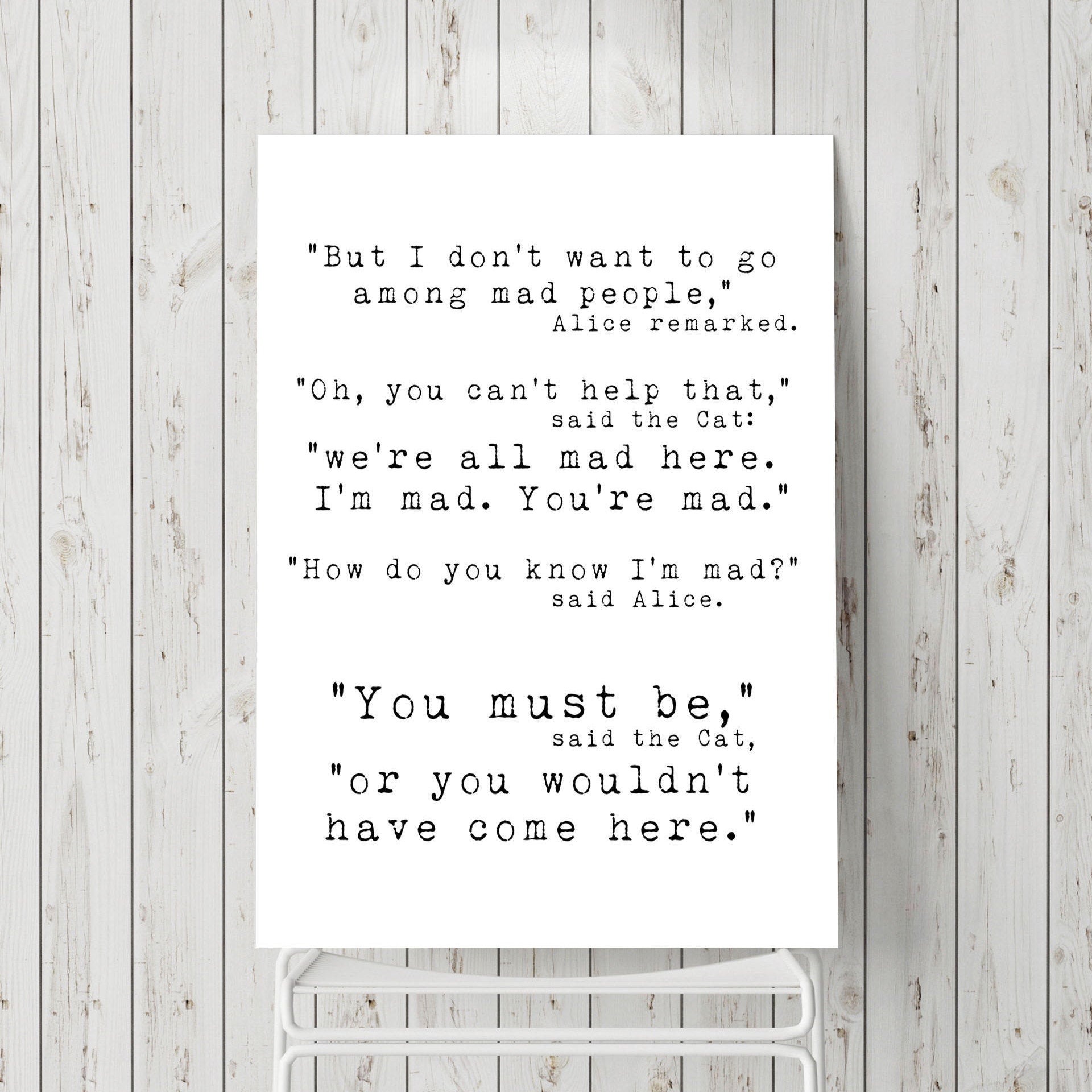 Office wall art, Alice in Wonderland Quote Print, We're all mad here wall art print, quotes for office, Unframed art for kid's room - BookQuoteDecor