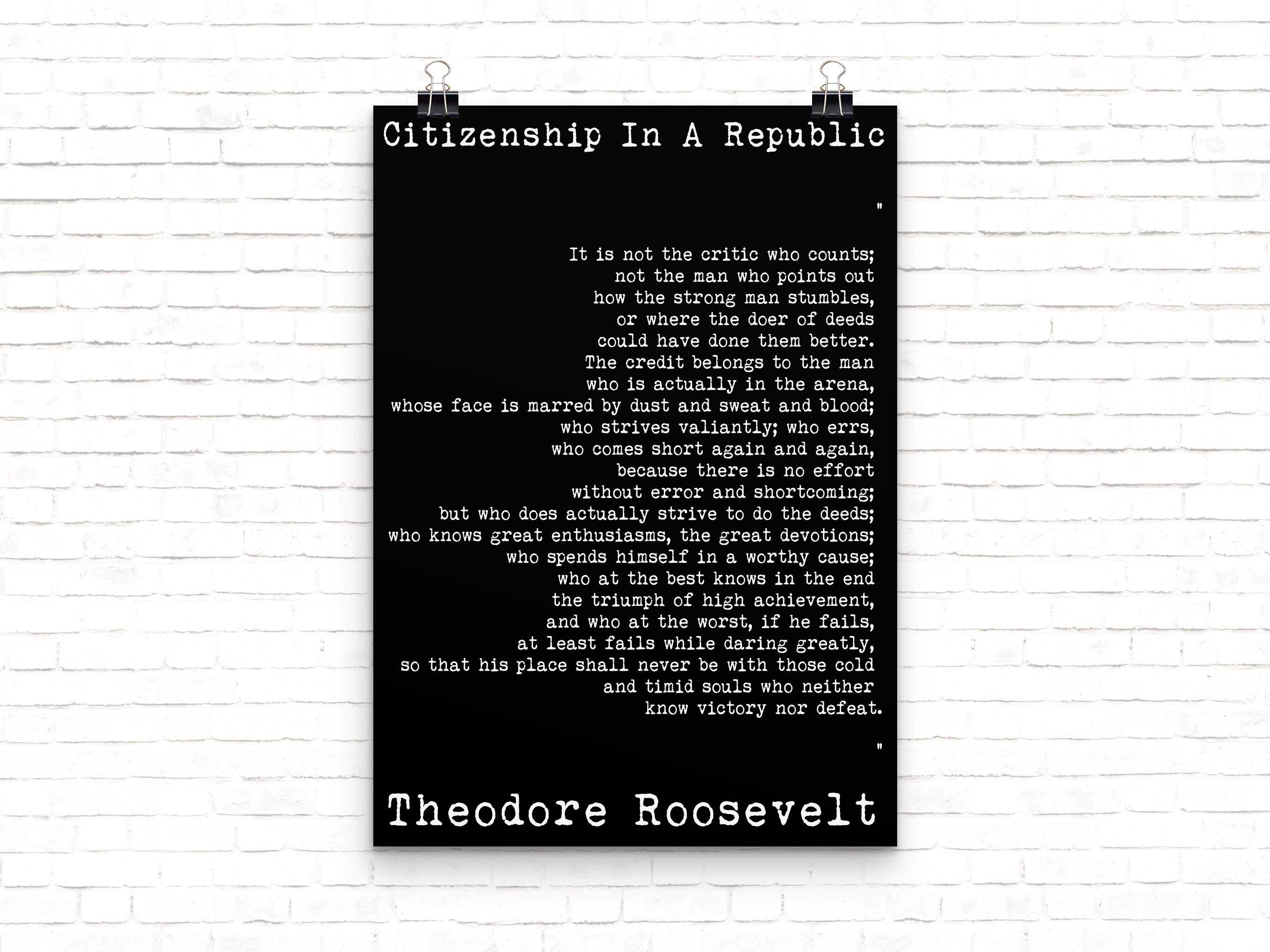 Theodore Roosevelt quote, Political Quote, Man in the Arena, Home Office Decor American History Teddy Roosevelt Speech  Unframed Wall Art - BookQuoteDecor