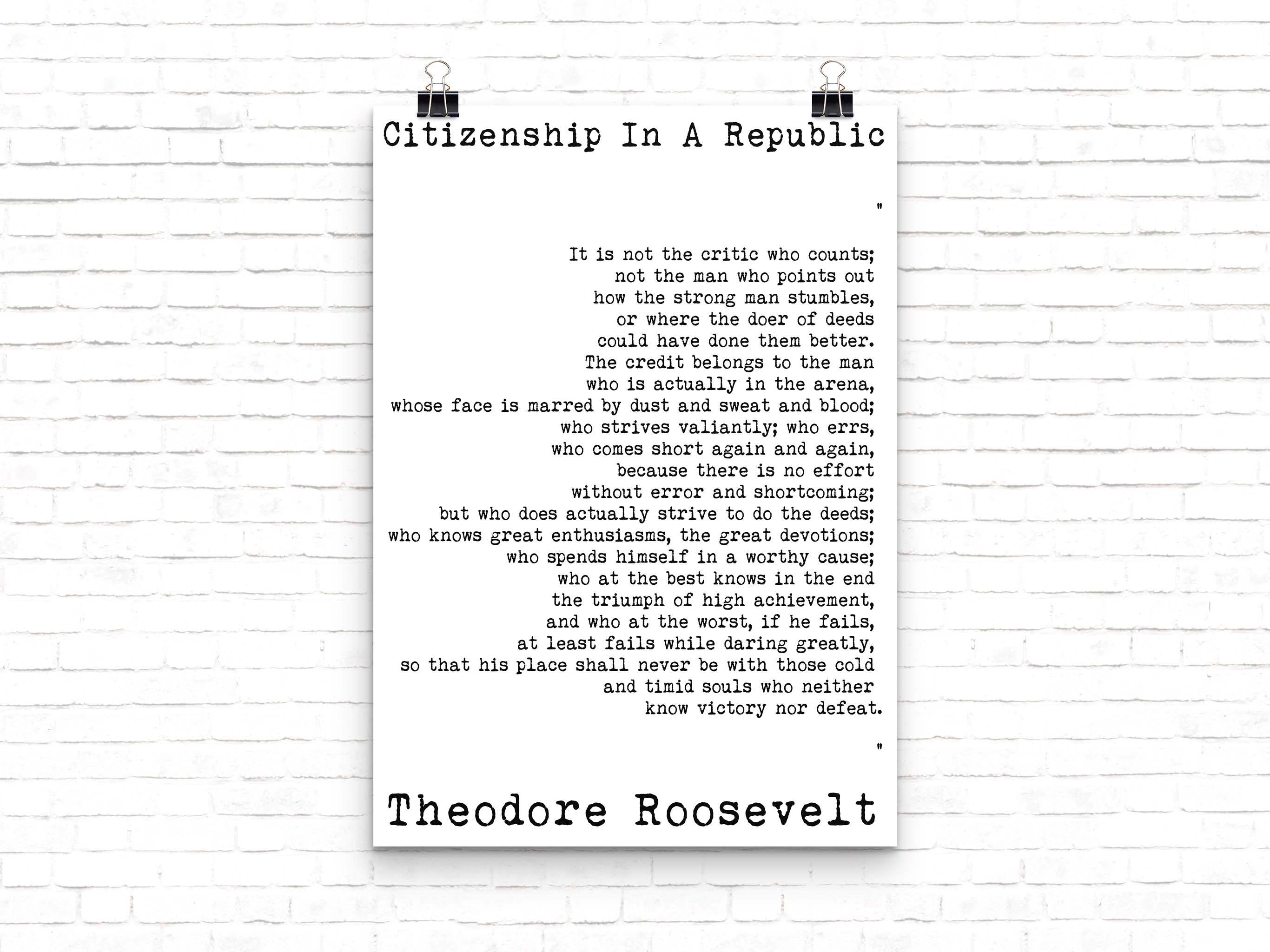 Theodore Roosevelt quote, Political Quote, Man in the Arena, Home Office Decor American History Teddy Roosevelt Speech  Unframed Wall Art - BookQuoteDecor