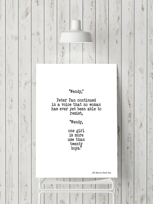 Peter Pan Quote Art Print, One Girl Is More Use Than Twenty Boys Girl Power Wall Art, Teen Room Decor, Unframed Print in Black And White - BookQuoteDecor