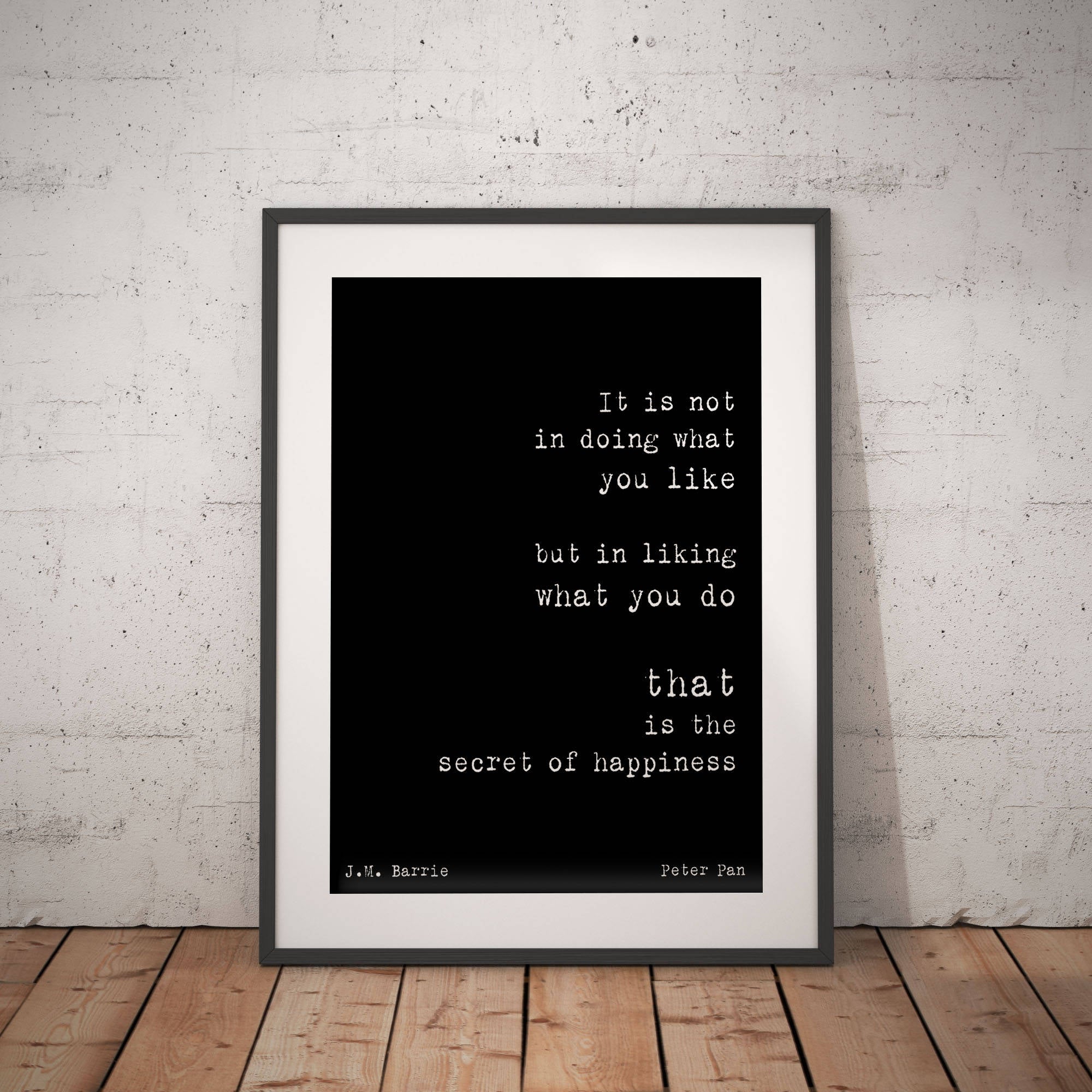 Peter Pan print, motivational poster, happy quote wall art Peter Pan quote, positive wall art black and white, secret of happiness Unframed - BookQuoteDecor