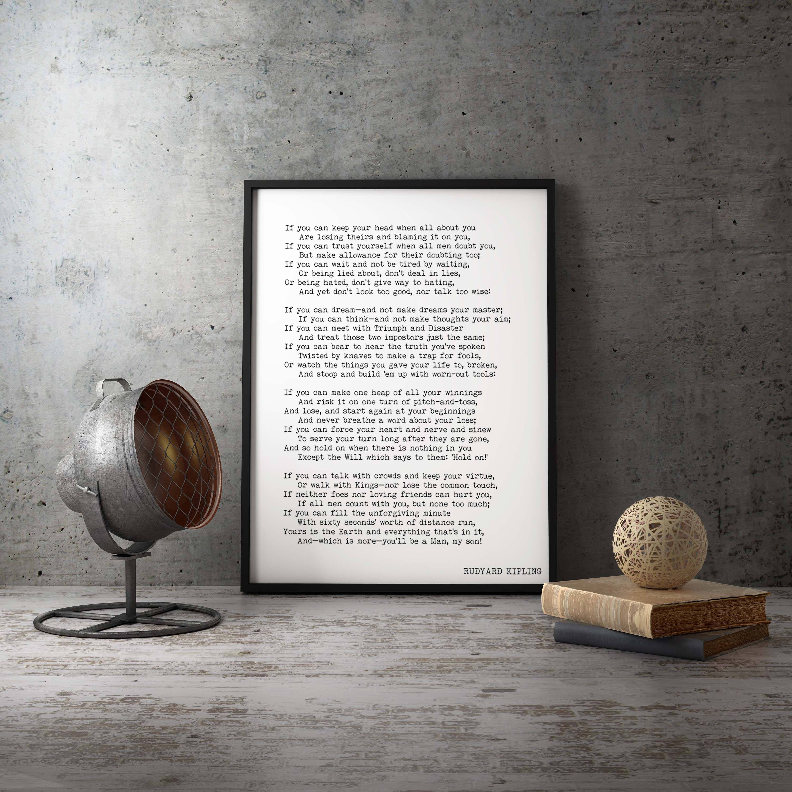 Large Framed Wall Art Rudyard Kipling IF Poem 24x36 Framed Art Print in Black & White