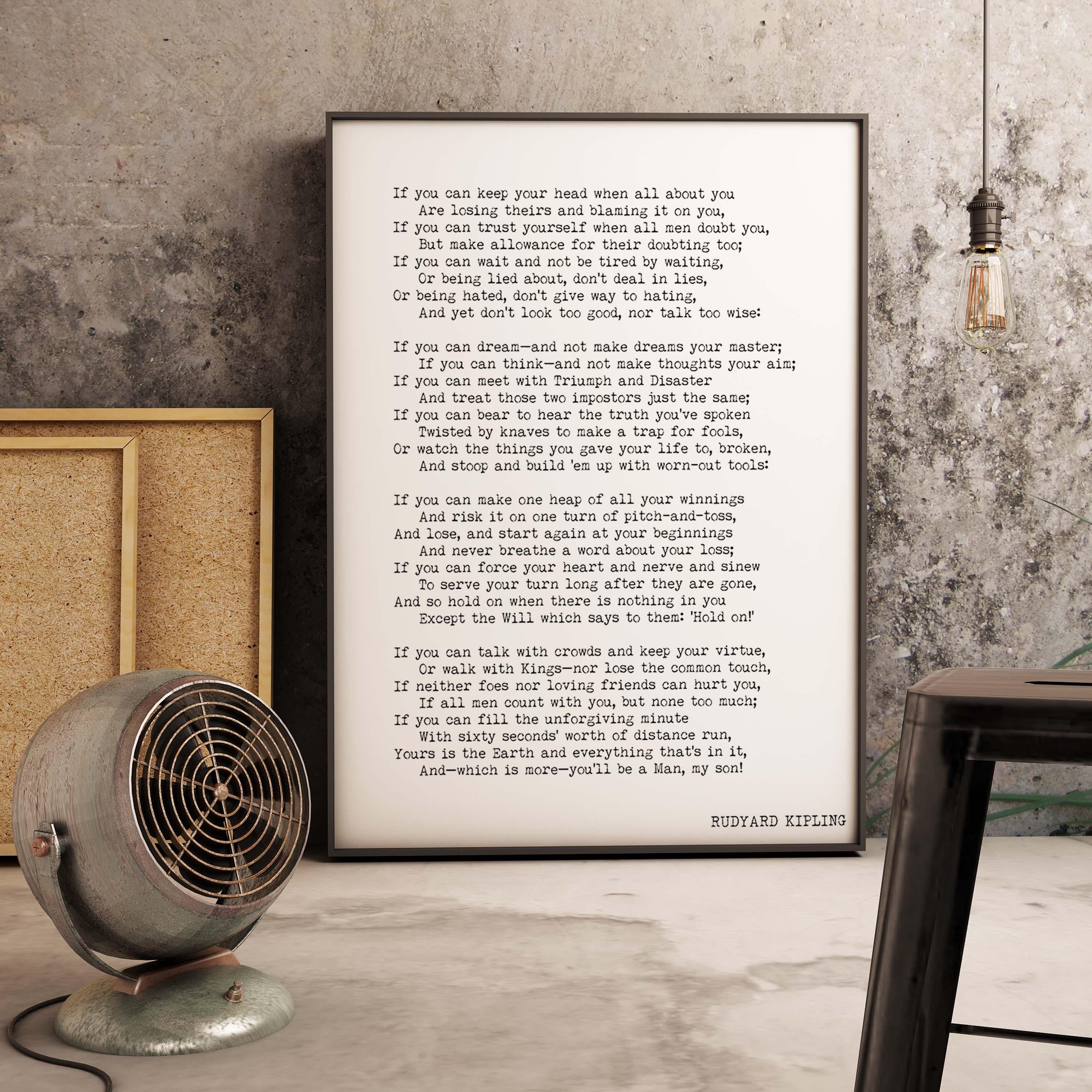 Large Framed Wall Art Rudyard Kipling IF Poem 24x36 Framed Art Print in Black & White