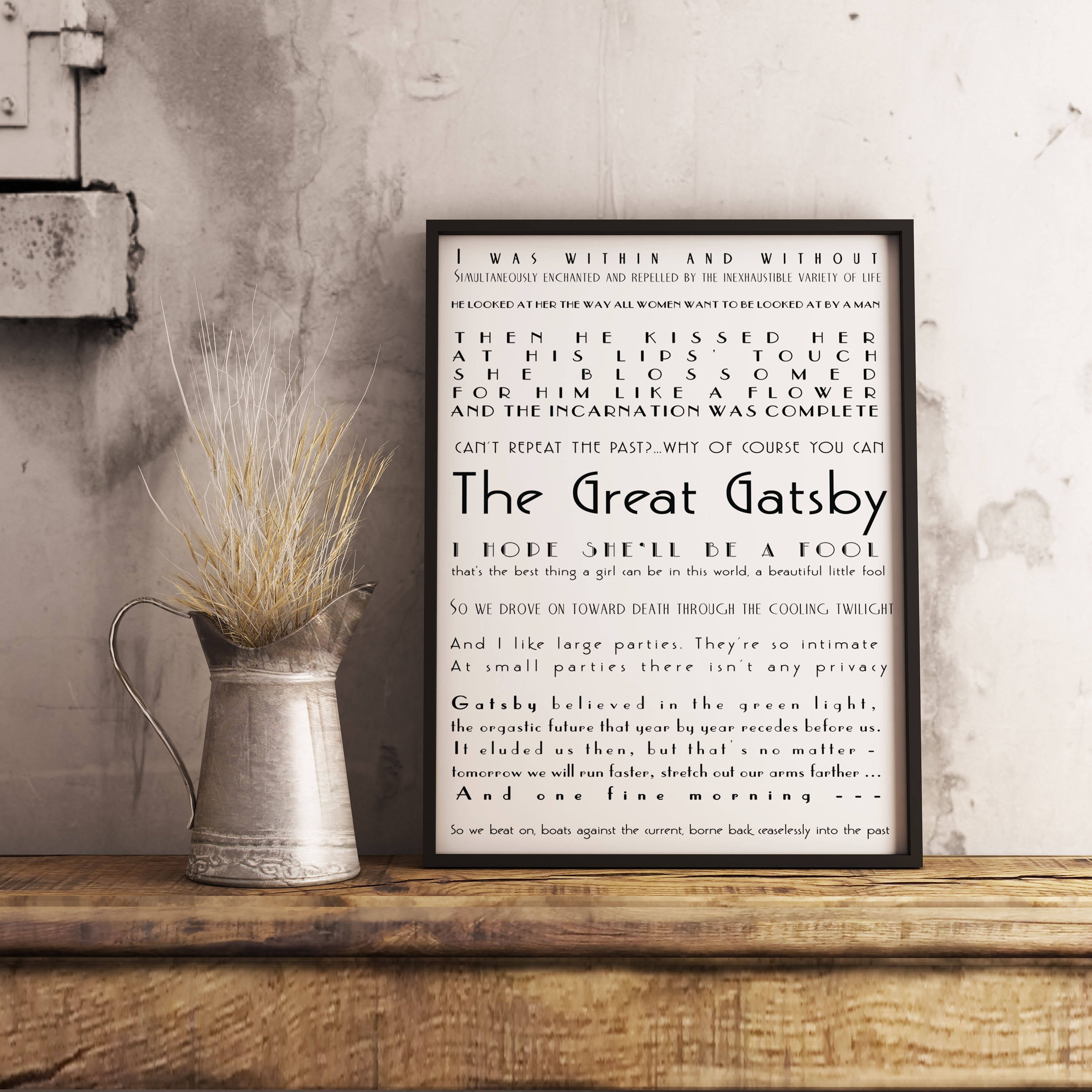 Gatsby Framed Art Print - Great Gatsby Quotes Print, Literary Art Poster, framed print, F Scott Fitzgerald book bedroom decor, Black & White - BookQuoteDecor