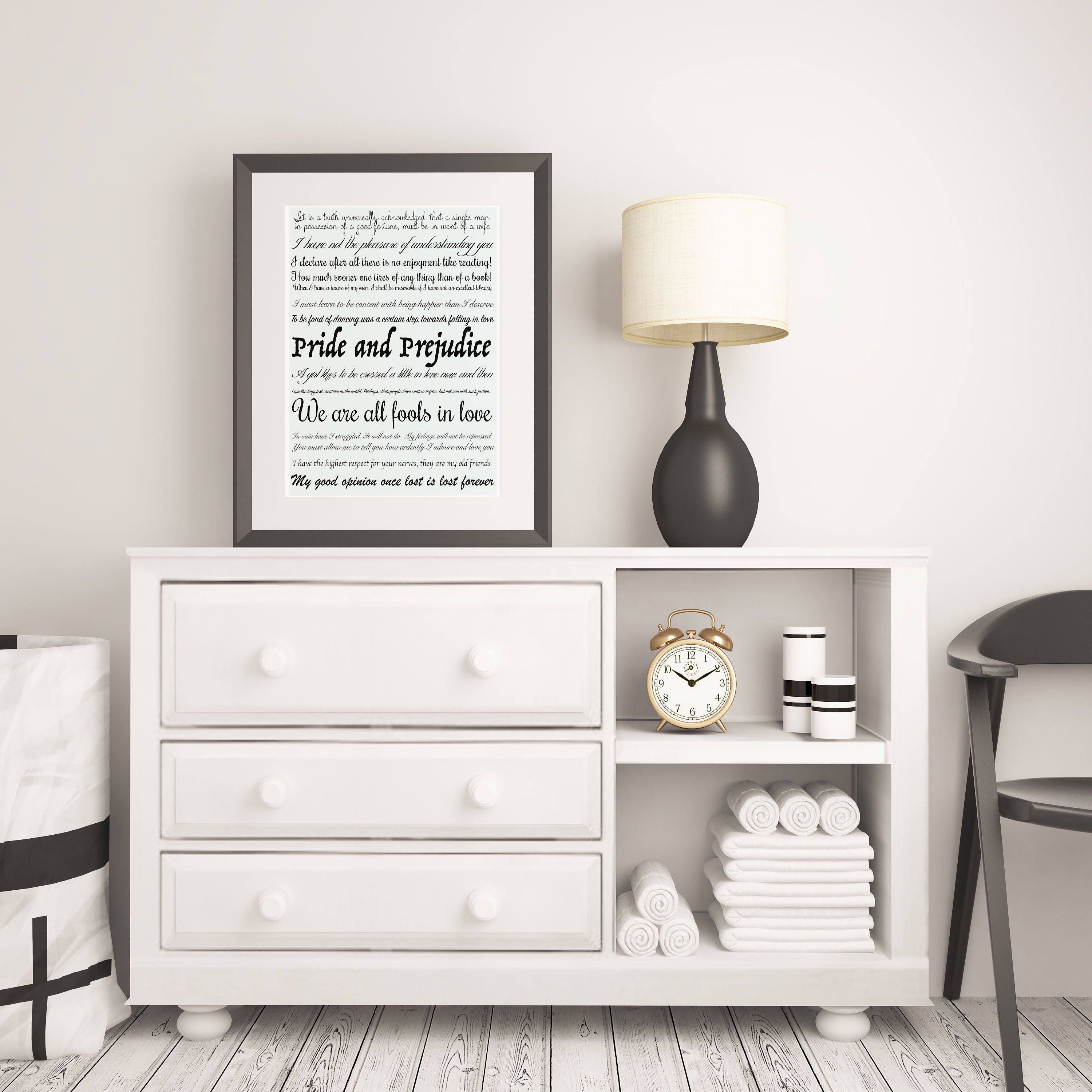Pride and Prejudice Quotes Print, Unframed High Quality Jane Austen Art Print in Black & White
