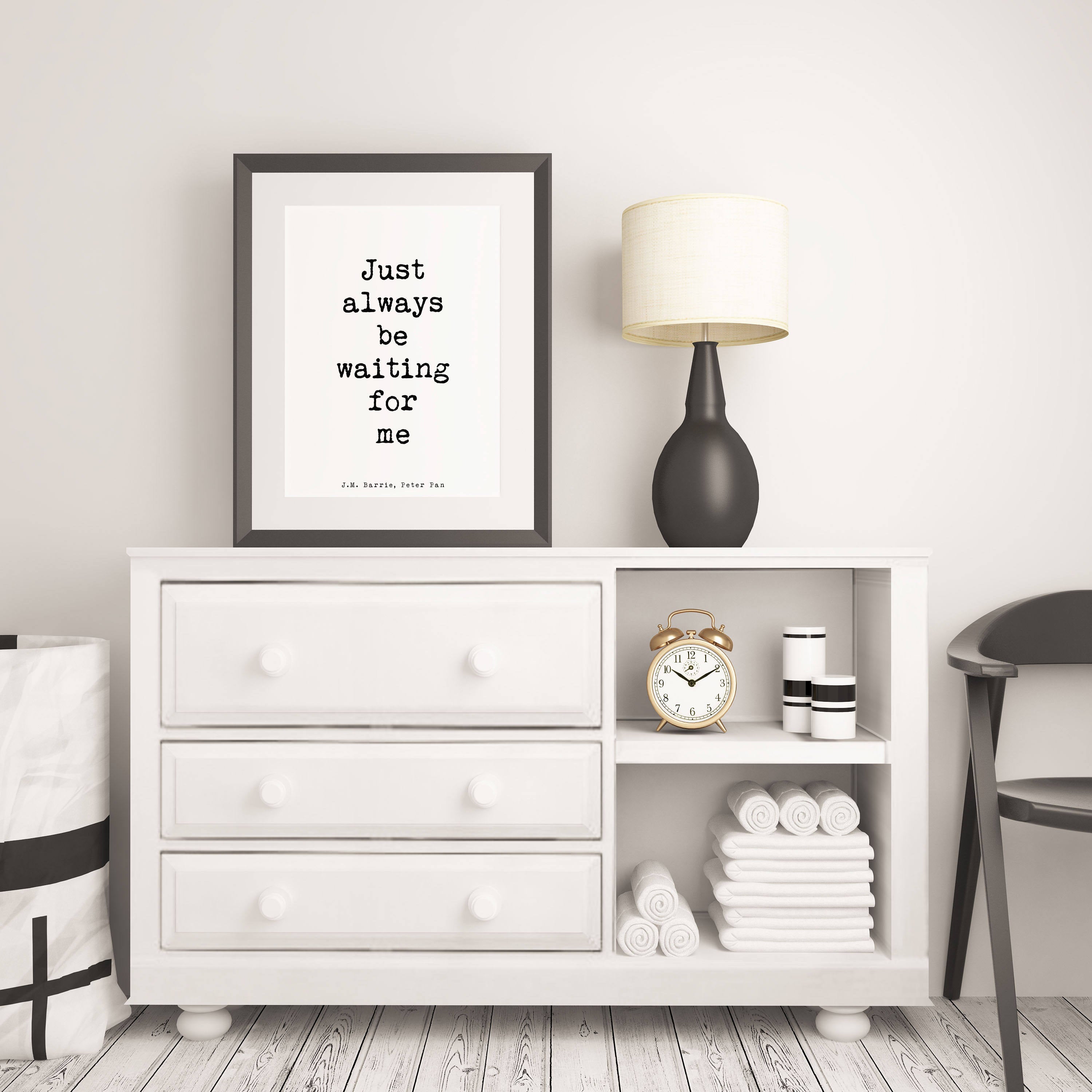 Peter Pan Art, Bedroom Decor Peter Pan Print, black and white print, Peter Pan poster, just always be waiting for me quote print, Unframed - BookQuoteDecor