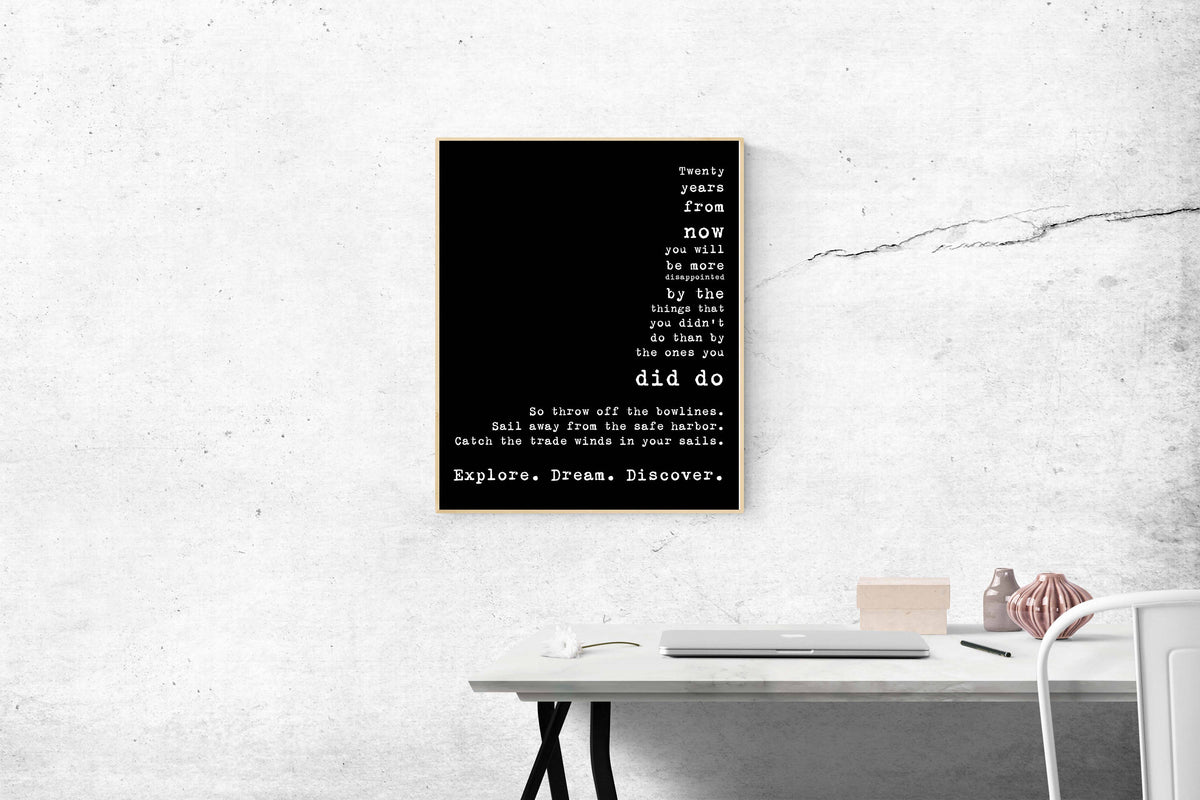 Quote Art Print Travel Decor, Mark Twain Inspirational Quote, Travel Art Unframed Home Decor, explore dream discover, twenty years from now - BookQuoteDecor