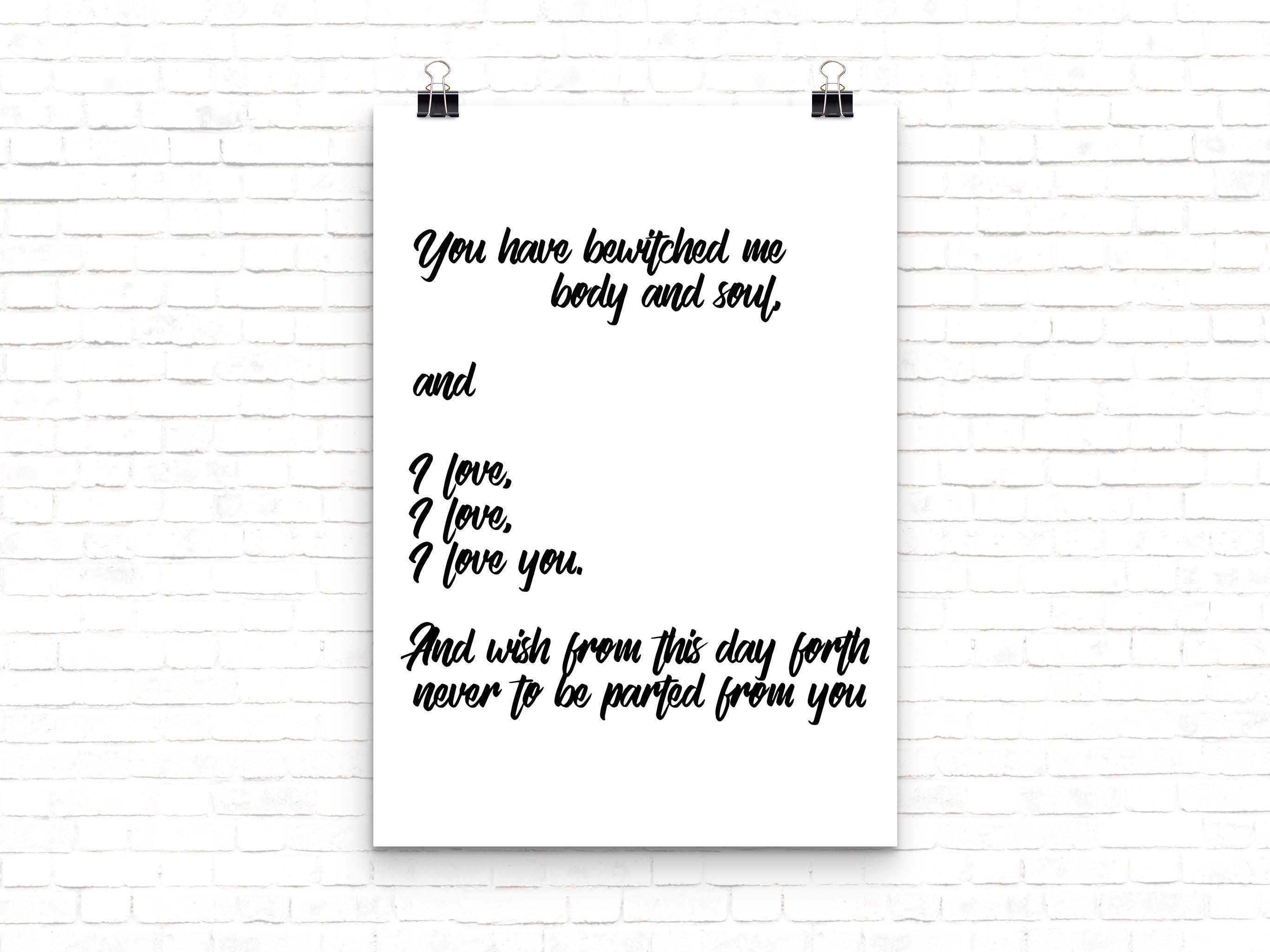 Mr Darcy Pride and Prejudice Jane Austen Quote Wall Art Print, Unframed You Have Bewitched Me Wall Decor in Black and White