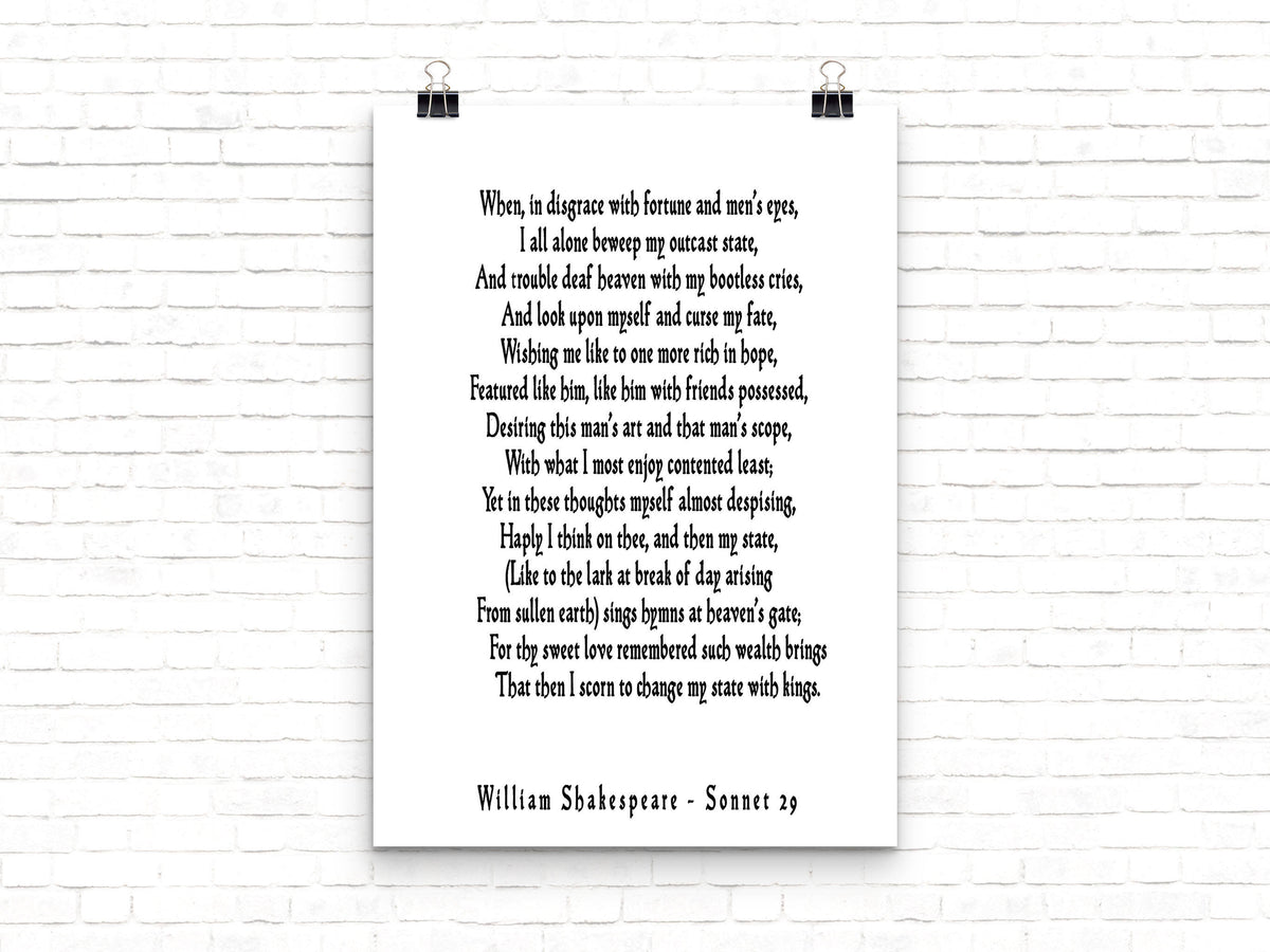 Sonnet 29 Shakespeare Wall Art, Love Poetry Art for Bedroom Decor, Unframed Shakespeare Quote, When In Disgrace With Fortune and Men's Eyes - BookQuoteDecor