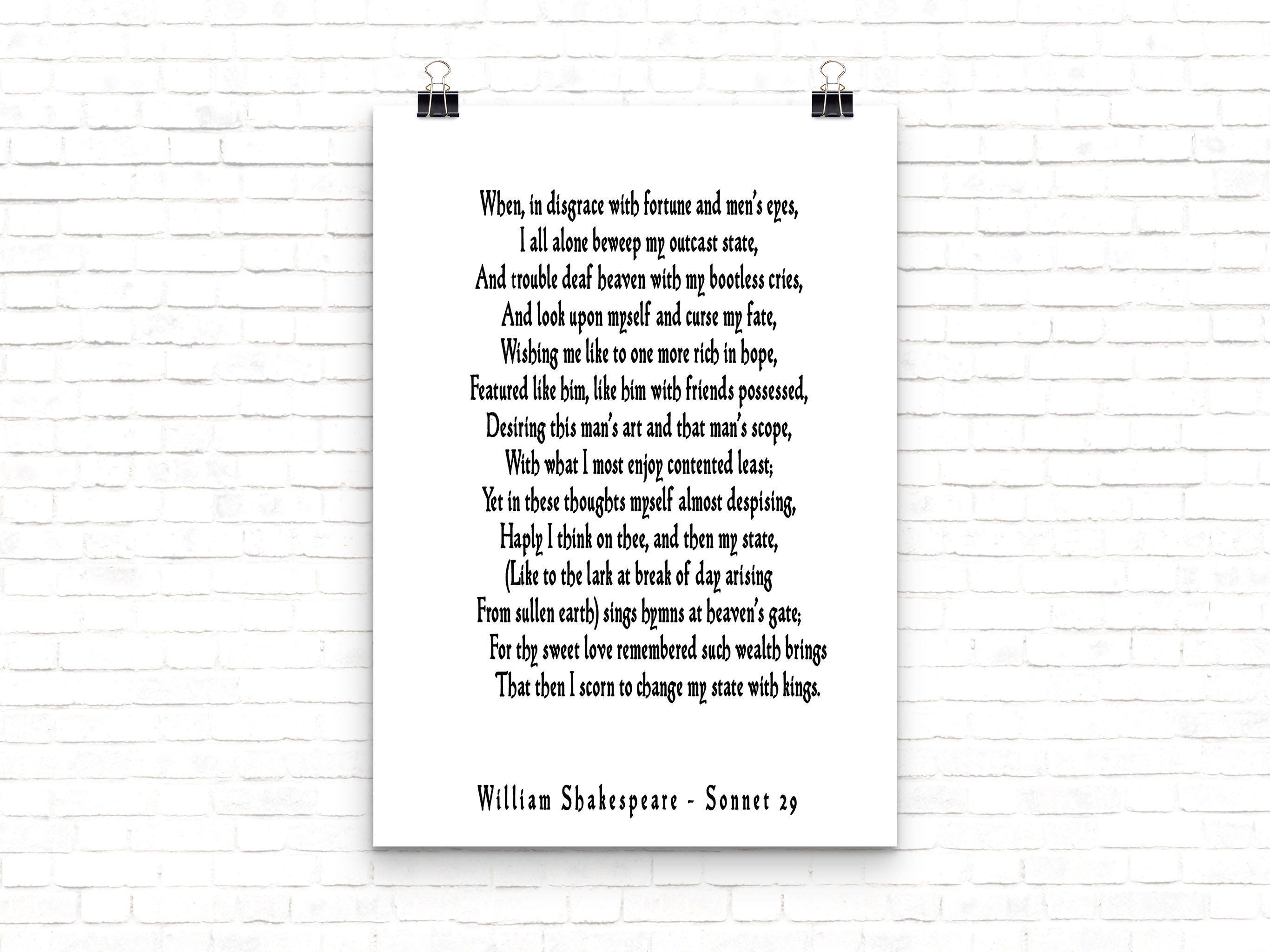 Sonnet 29 Shakespeare Wall Art, Love Poetry Art for Bedroom Decor