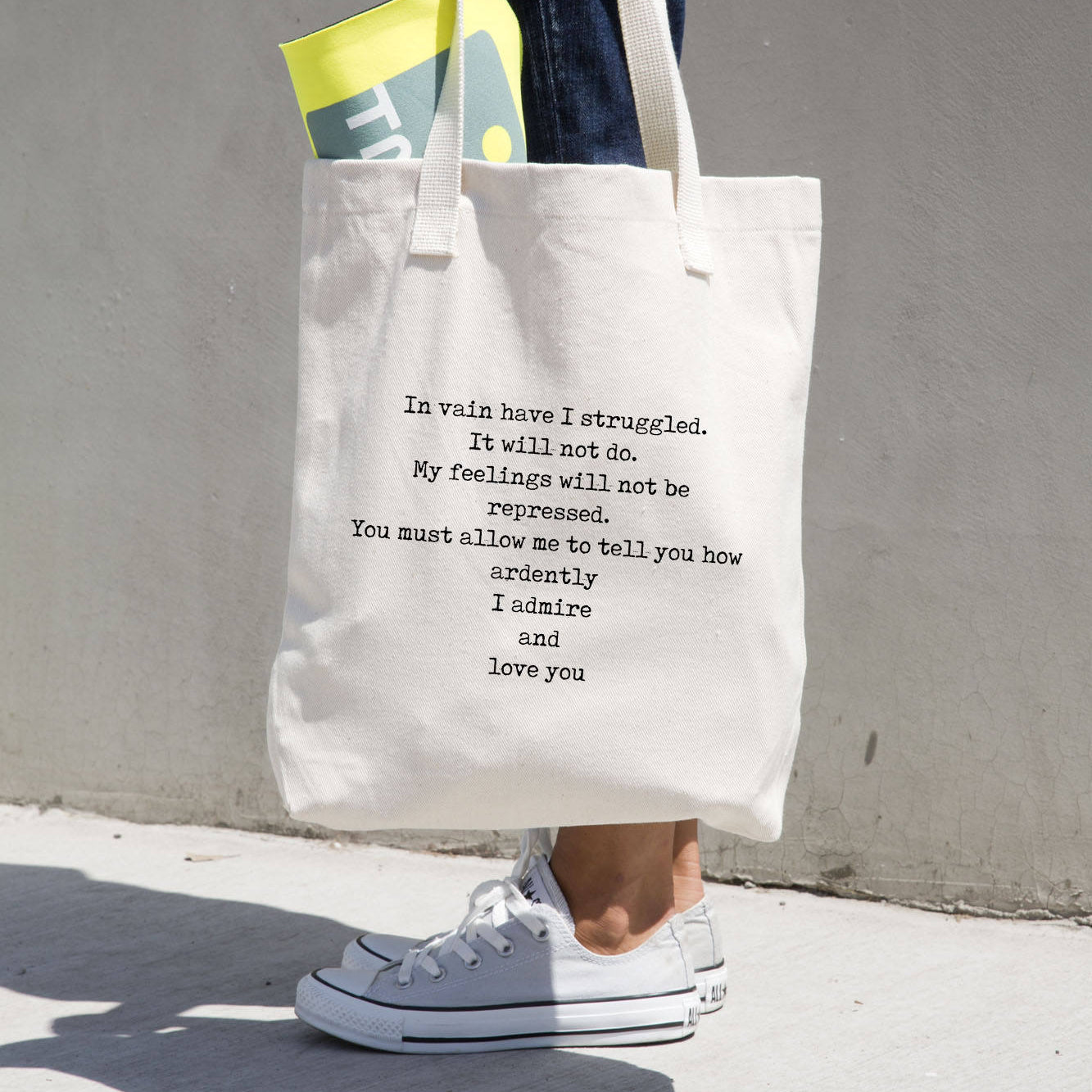 Organic Cotton Jane Austen Quote Book Bag, Mr Darcy In Vain I Have Struggled Pride & Prejudice Gussetted Tote - BookQuoteDecor