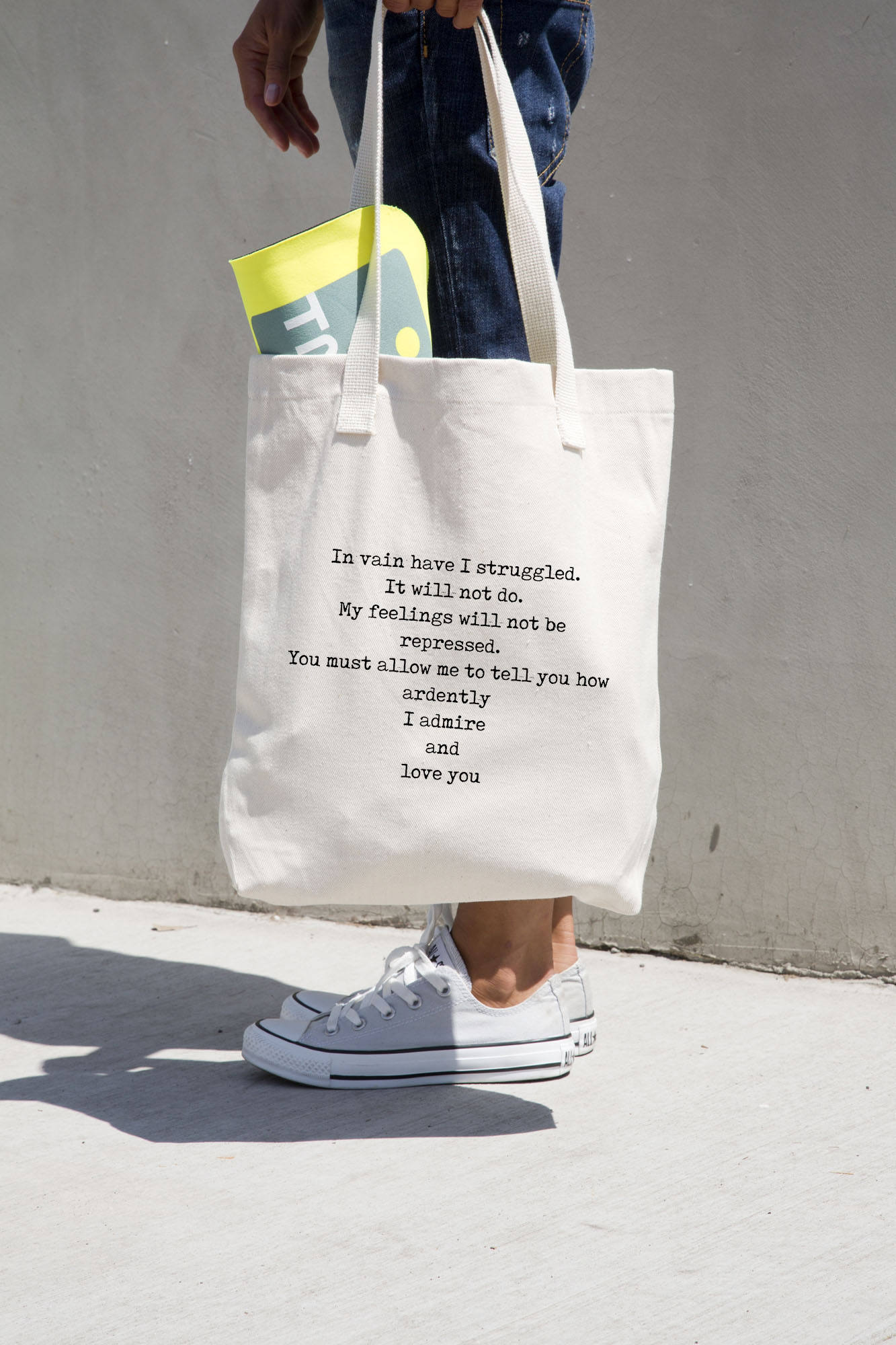 Organic Cotton Jane Austen Quote Book Bag, Mr Darcy In Vain I Have Struggled Pride & Prejudice Gussetted Tote - BookQuoteDecor
