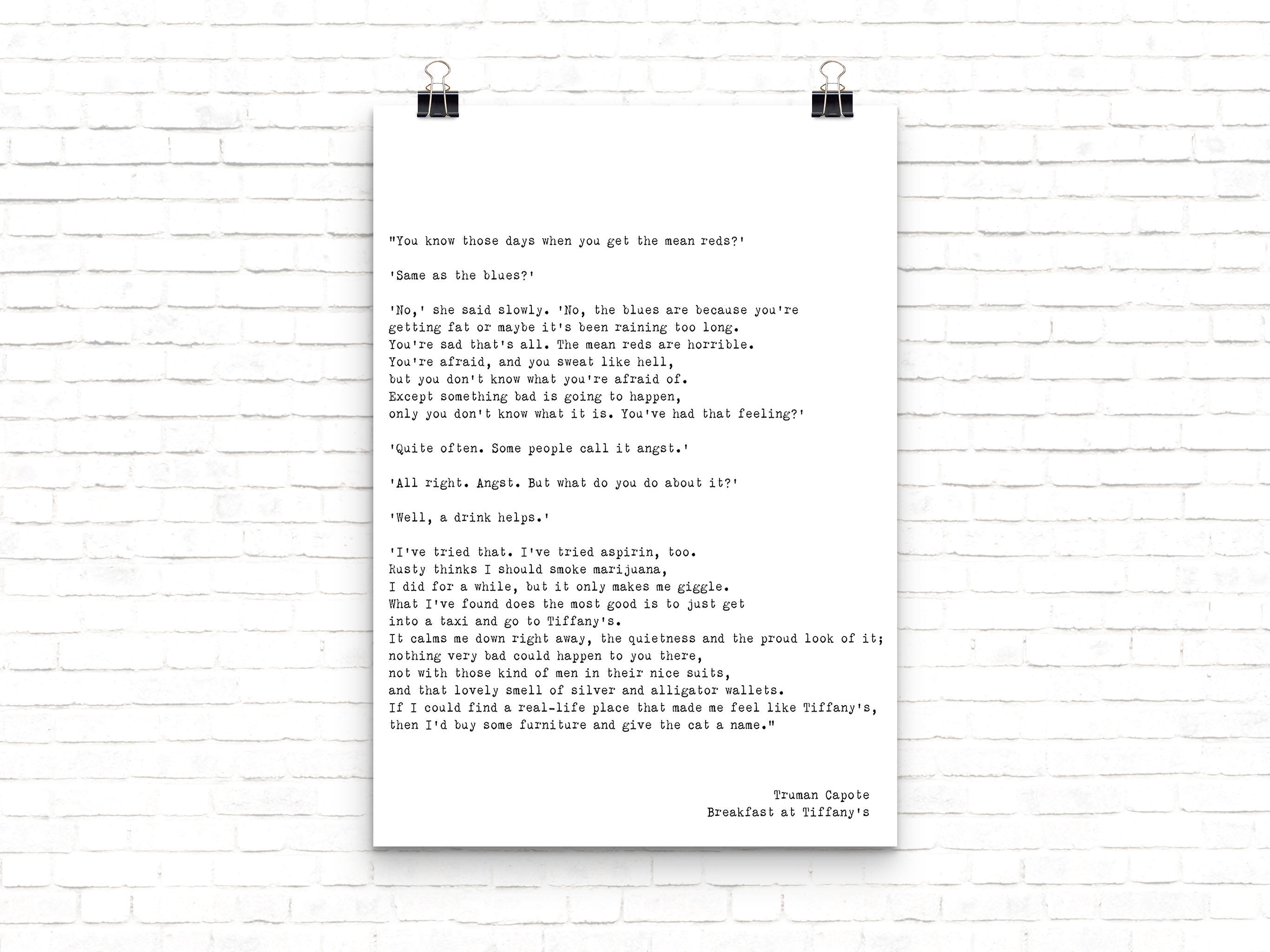 Breakfast at Tiffanys The Mean Reds Quote Print Audrey Hepburn Art, Truman Capote