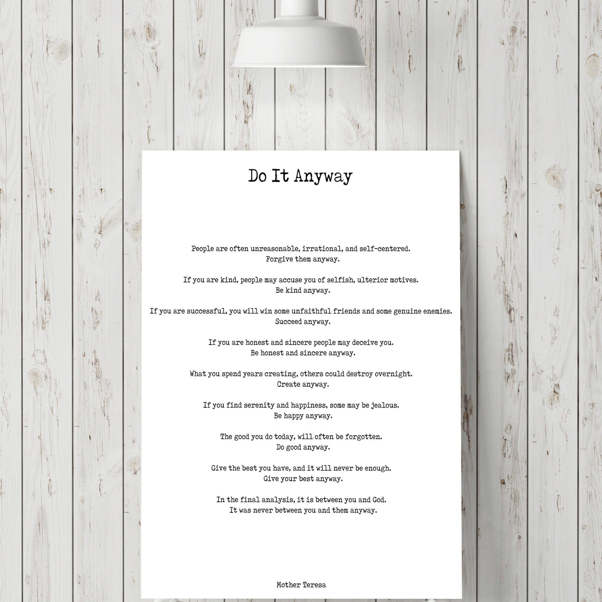 Do It Anyway Black & White Art Print Mother Teresa - BookQuoteDecor
