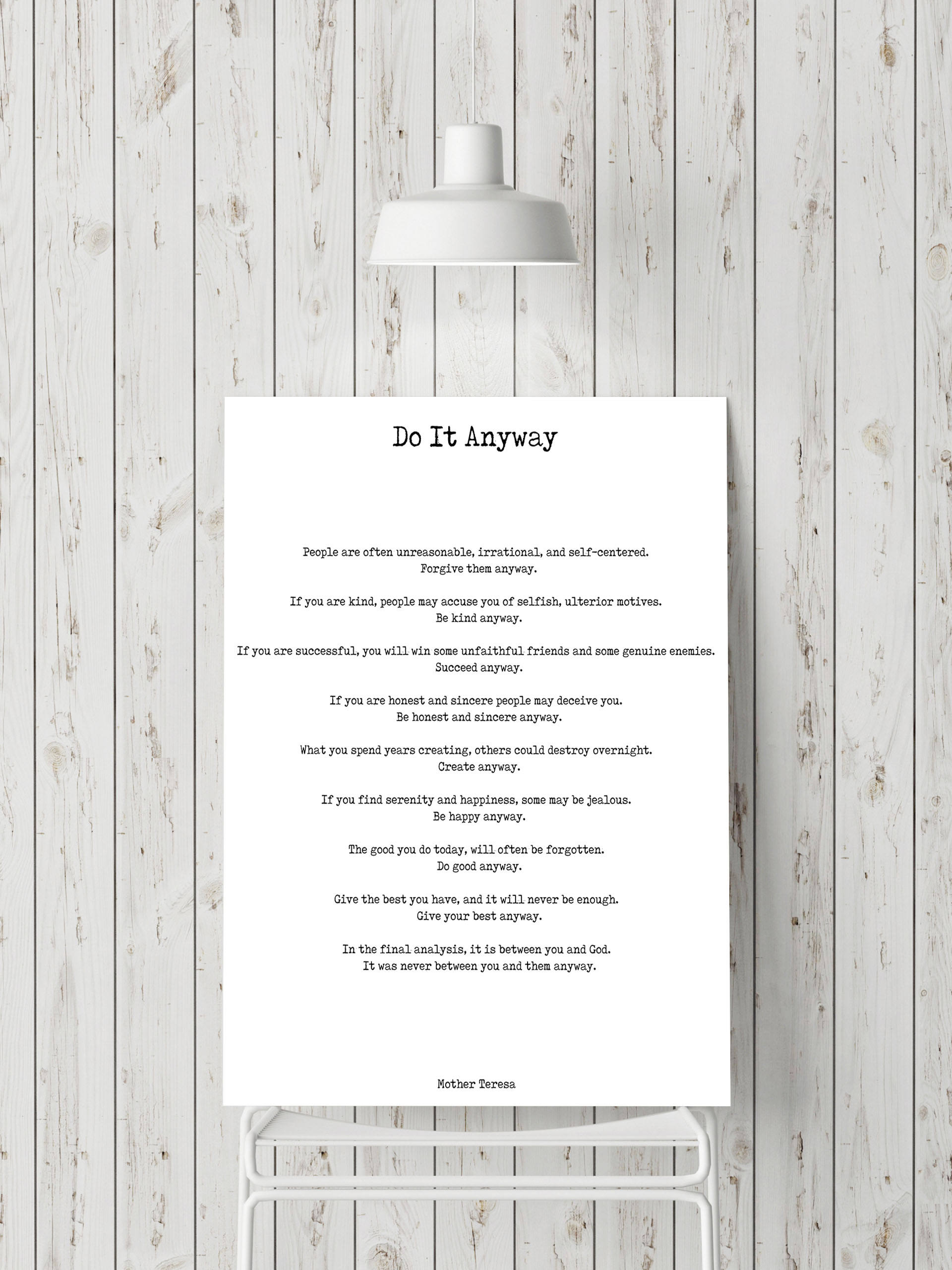Do It Anyway Black & White Art Print Mother Teresa - BookQuoteDecor