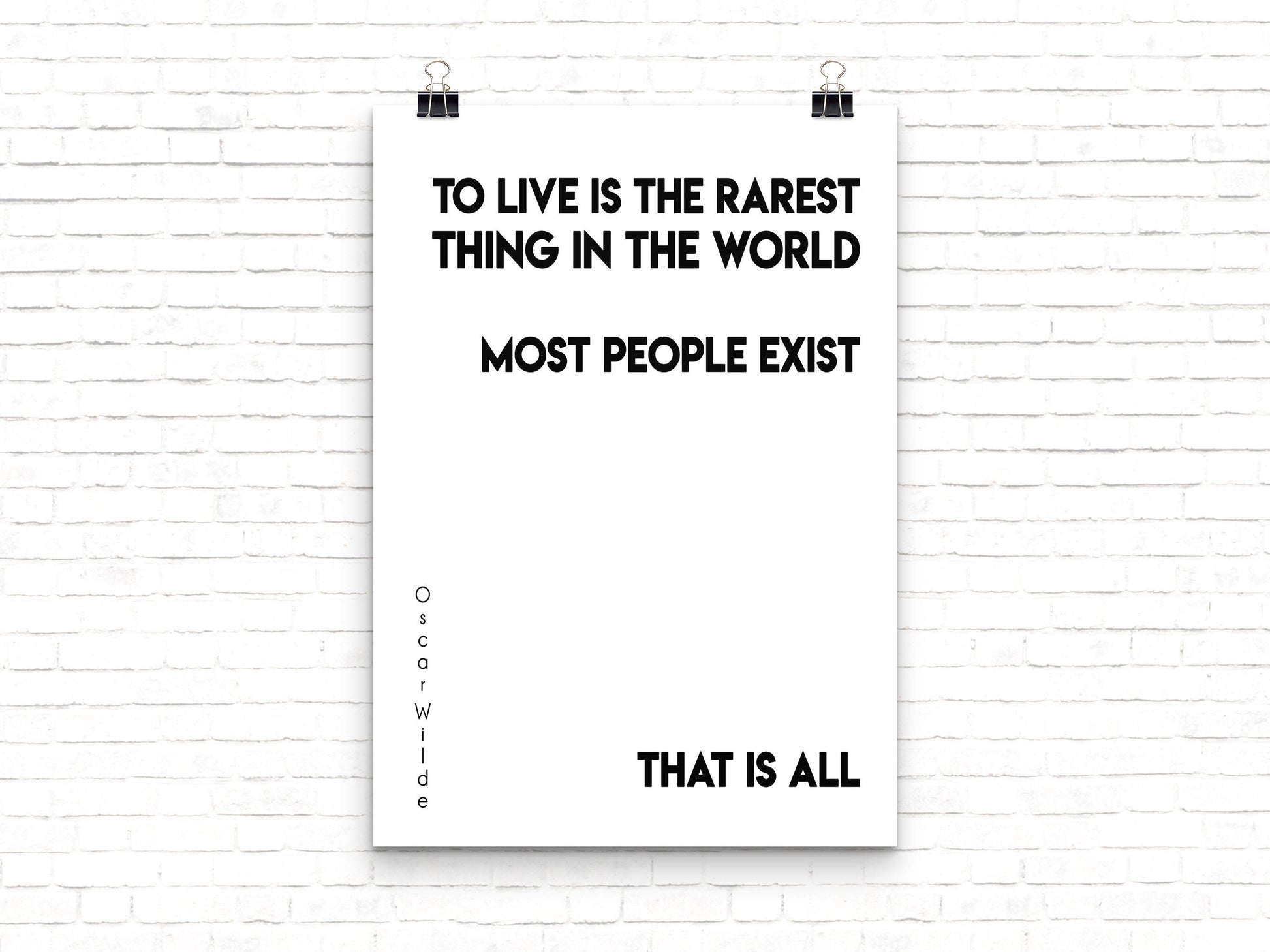 Oscar Wilde Life Quote, To Live Is The Rarest Thing Black And White Art, Motivation Quote Inspirational Print For Home Decor Unframed - BookQuoteDecor