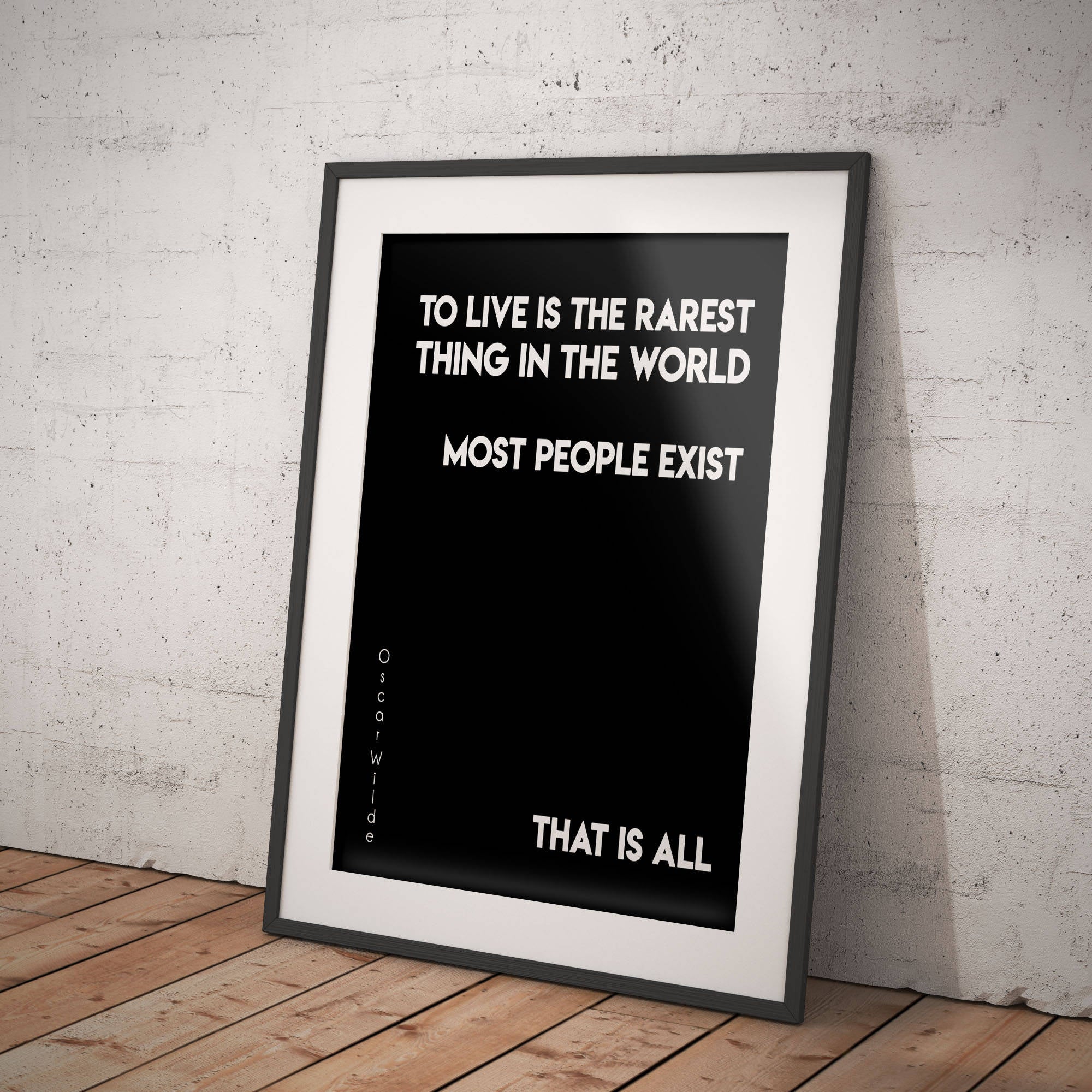 Oscar Wilde Life Quote, To Live Is The Rarest Thing Black And White Art, Motivation Quote Inspirational Print For Home Decor Unframed - BookQuoteDecor