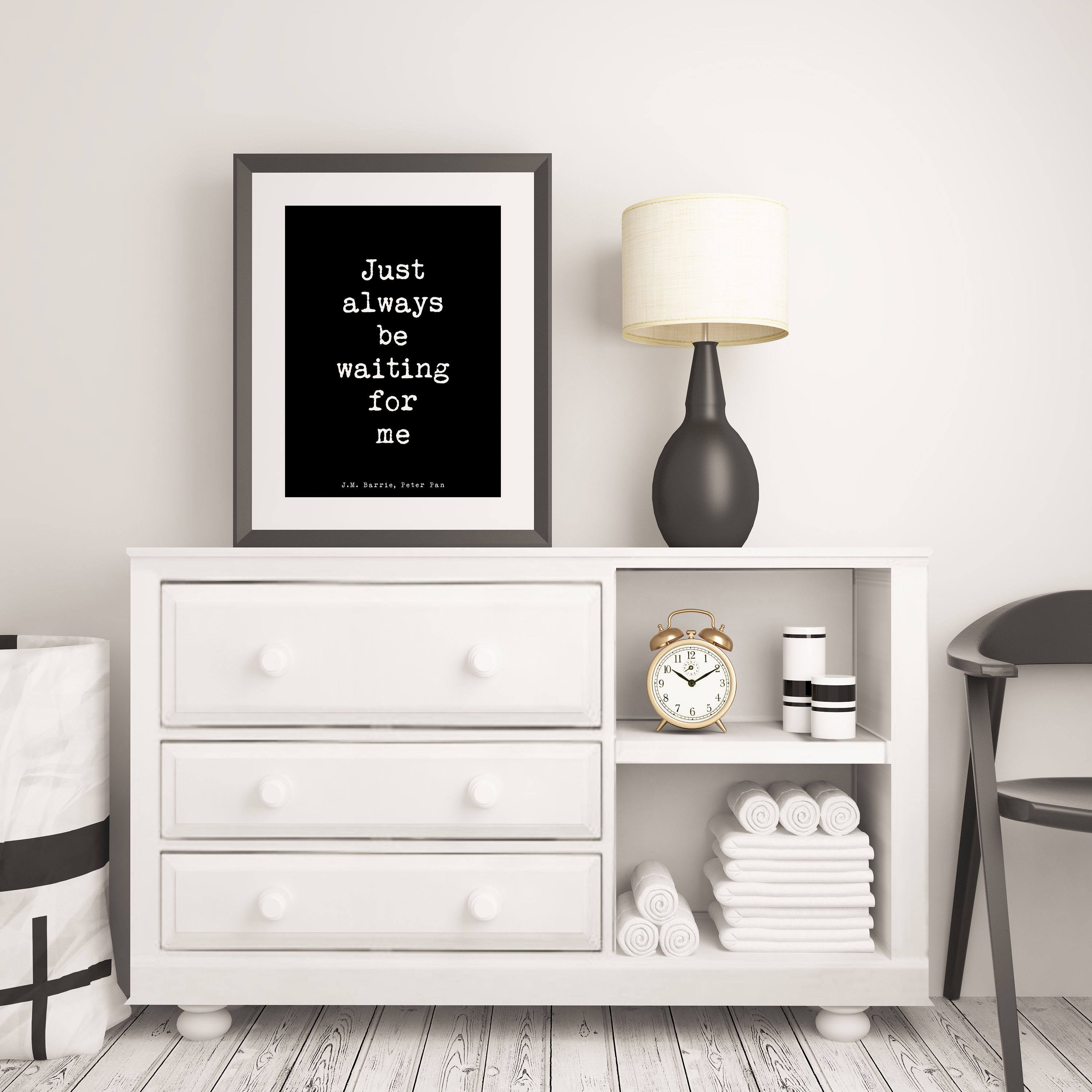 Peter Pan Art, Bedroom Decor Peter Pan Print, black and white print, Peter Pan poster, just always be waiting for me quote print, Unframed - BookQuoteDecor