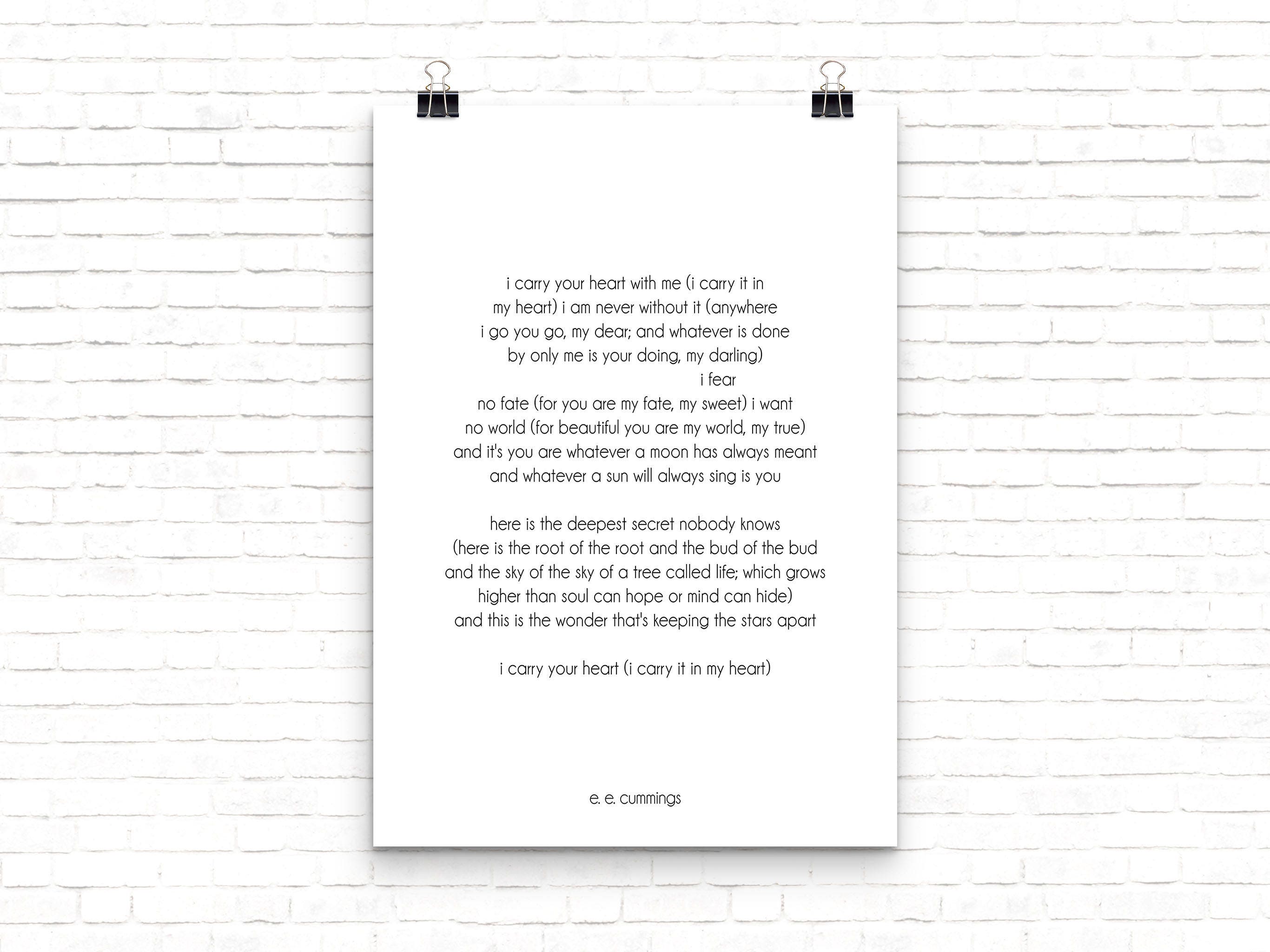 i carry your heart poetry quote art, ee cummings art