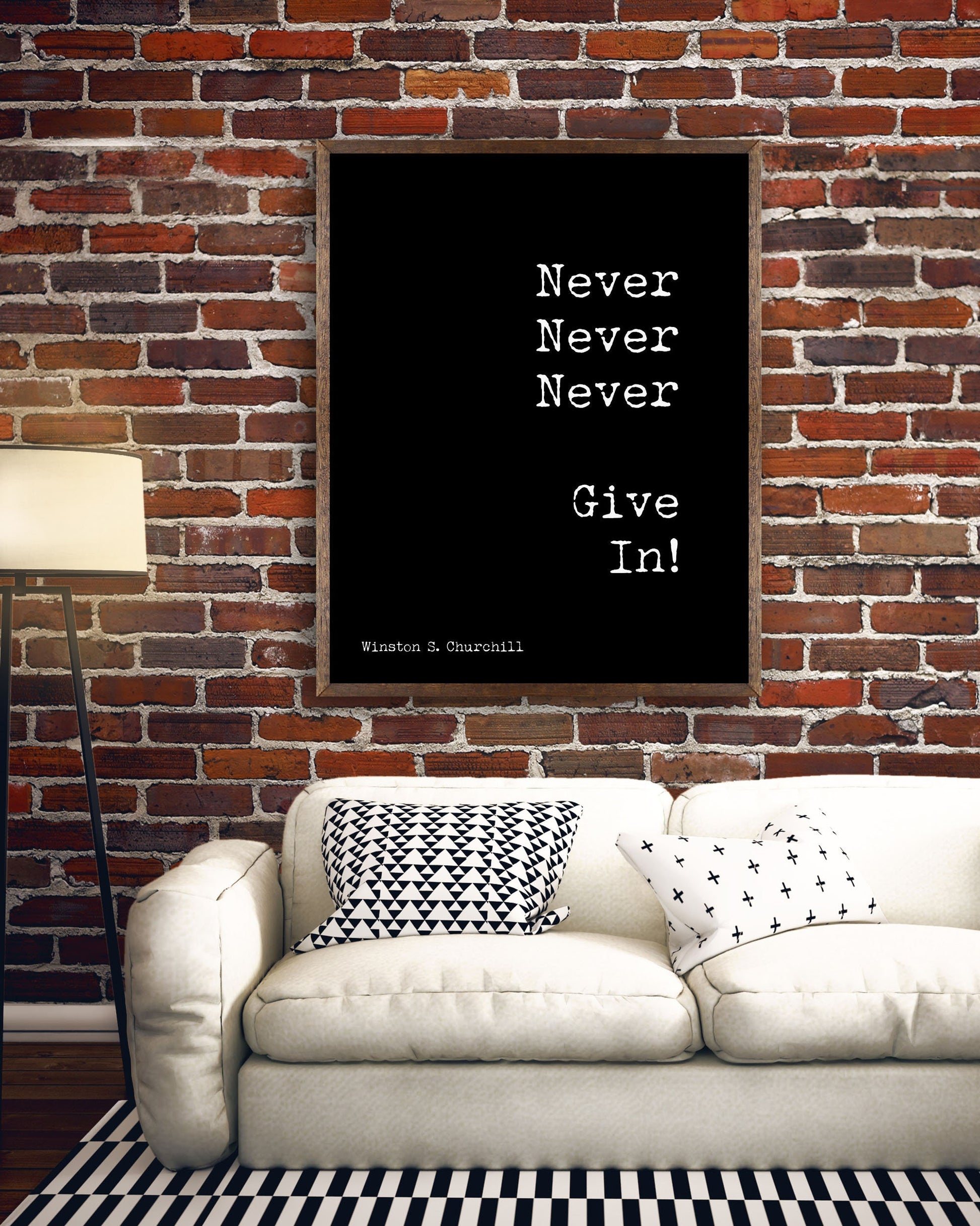 Winston Churchill Never Give In Motivational Poster, Modern Minimalist Art Inspirational Print