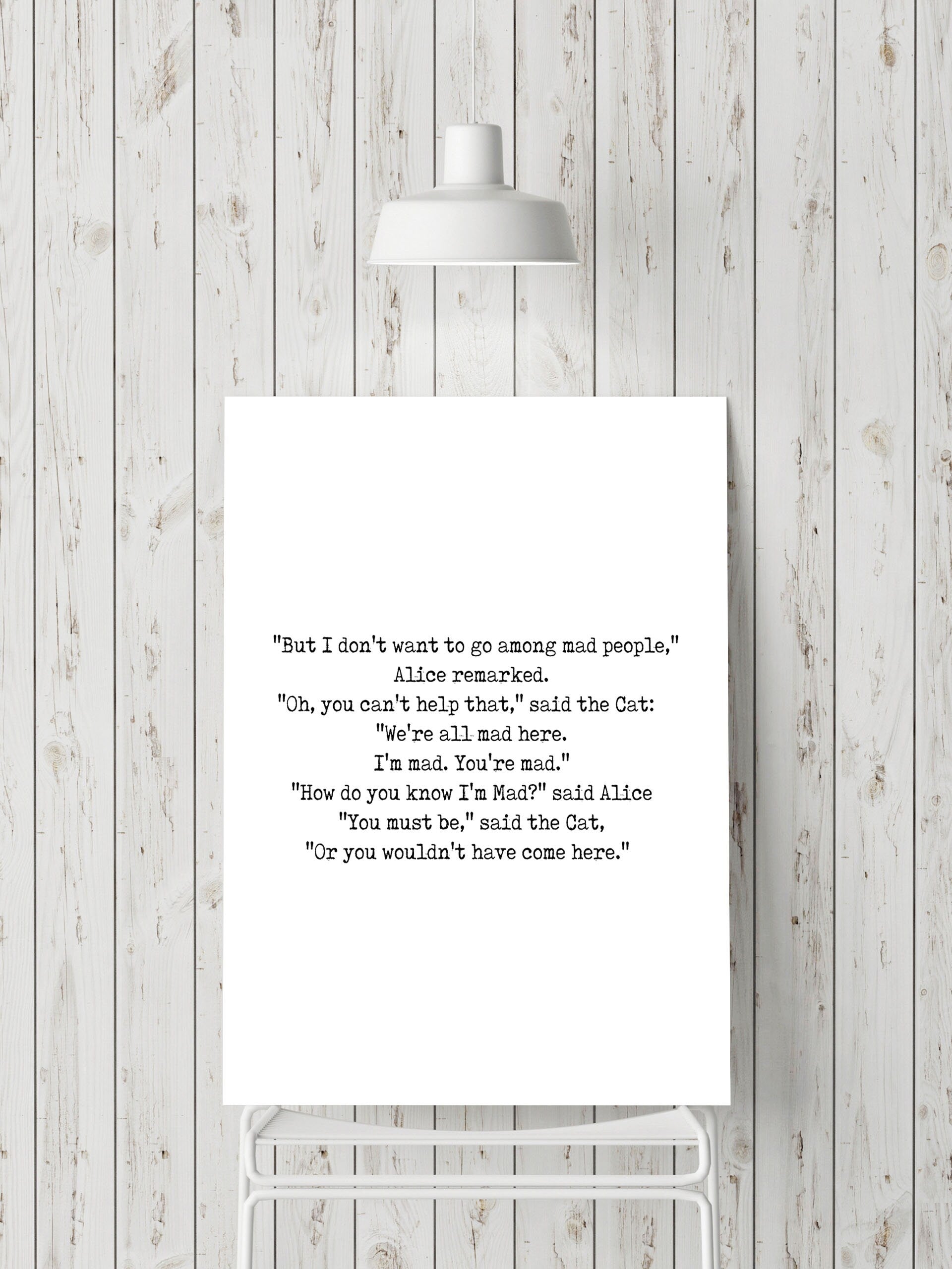 We're All Mad Here Wall Art Print, Alice in Wonderland Lewis Carroll Quote Print for Black & White Office Wall Art