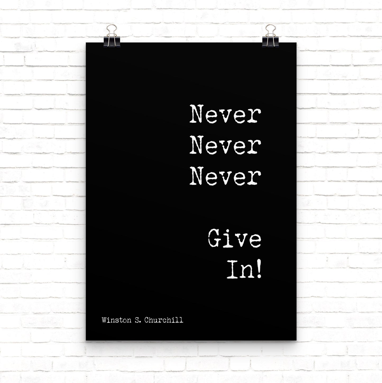 Winston Churchill Never Give In Motivational Poster, Modern Minimalist Art Inspirational Print