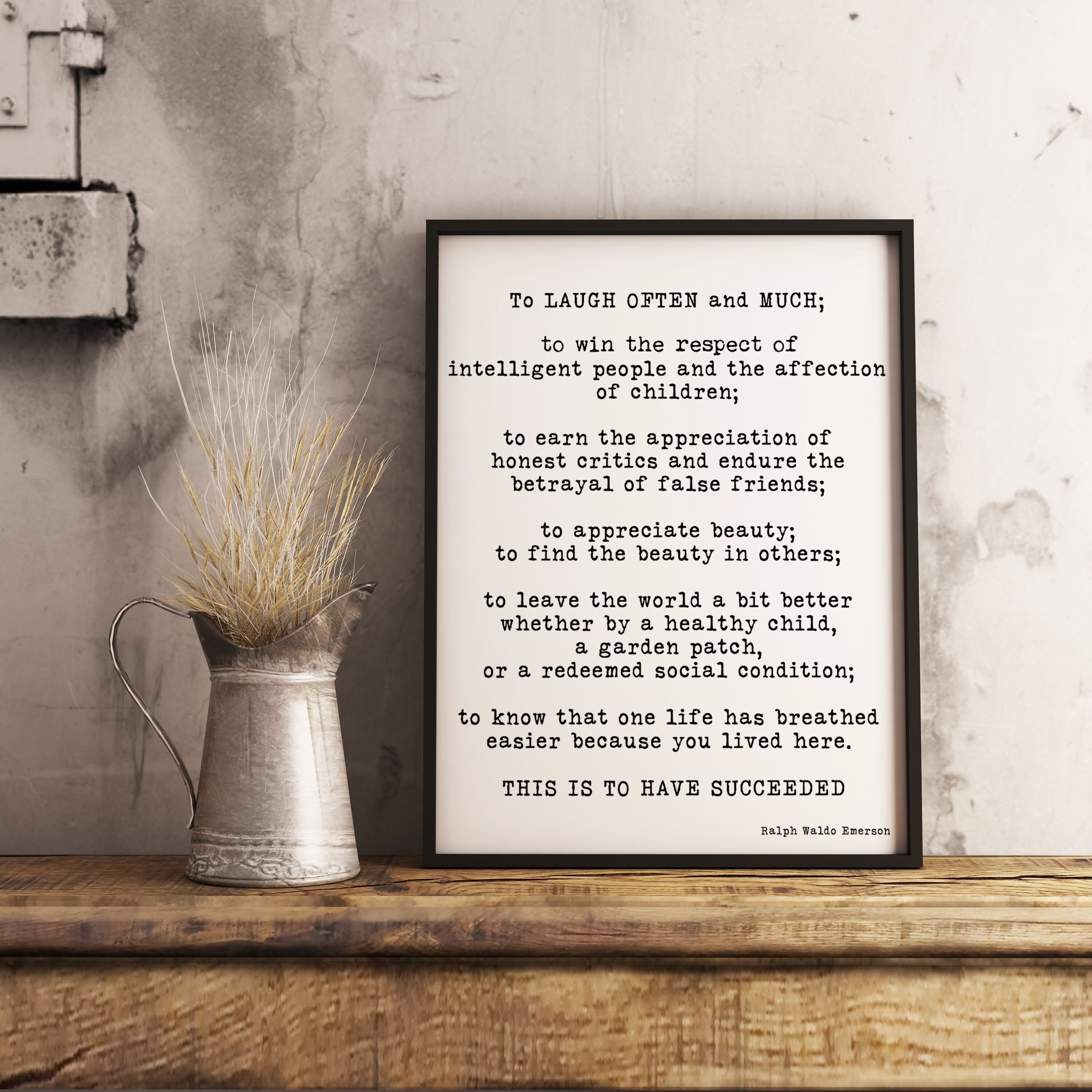 Ralph Waldo Emerson Black & White Wall Art Quote Print - To Laugh Often And Much Unframed Typography Print
