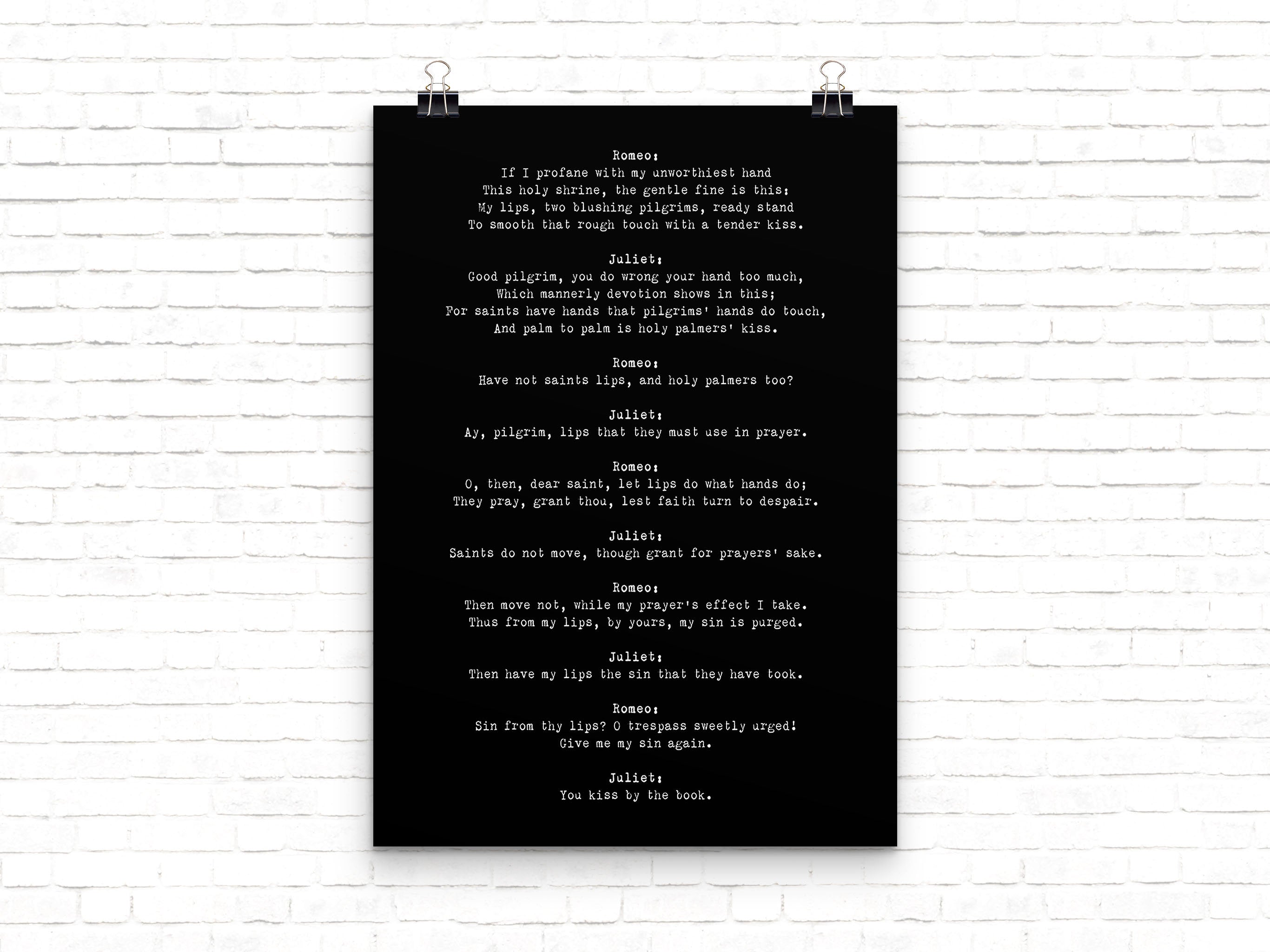 Shakespeare Quote Love Print, Romeo and Juliet Poster, Shakespeare Print, Black & White Art, You Kiss By The Book Unframed - BookQuoteDecor