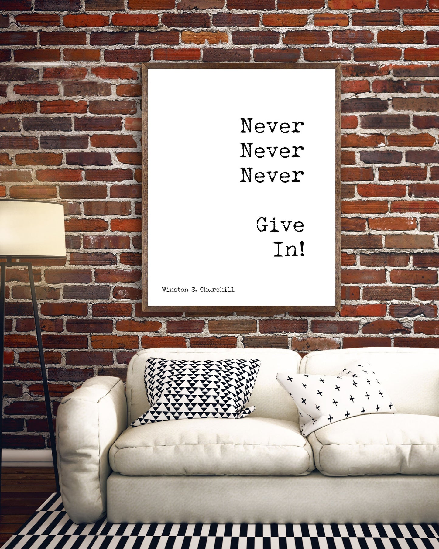Winston Churchill Never Give In Motivational Poster, Modern Minimalist Art Inspirational Print