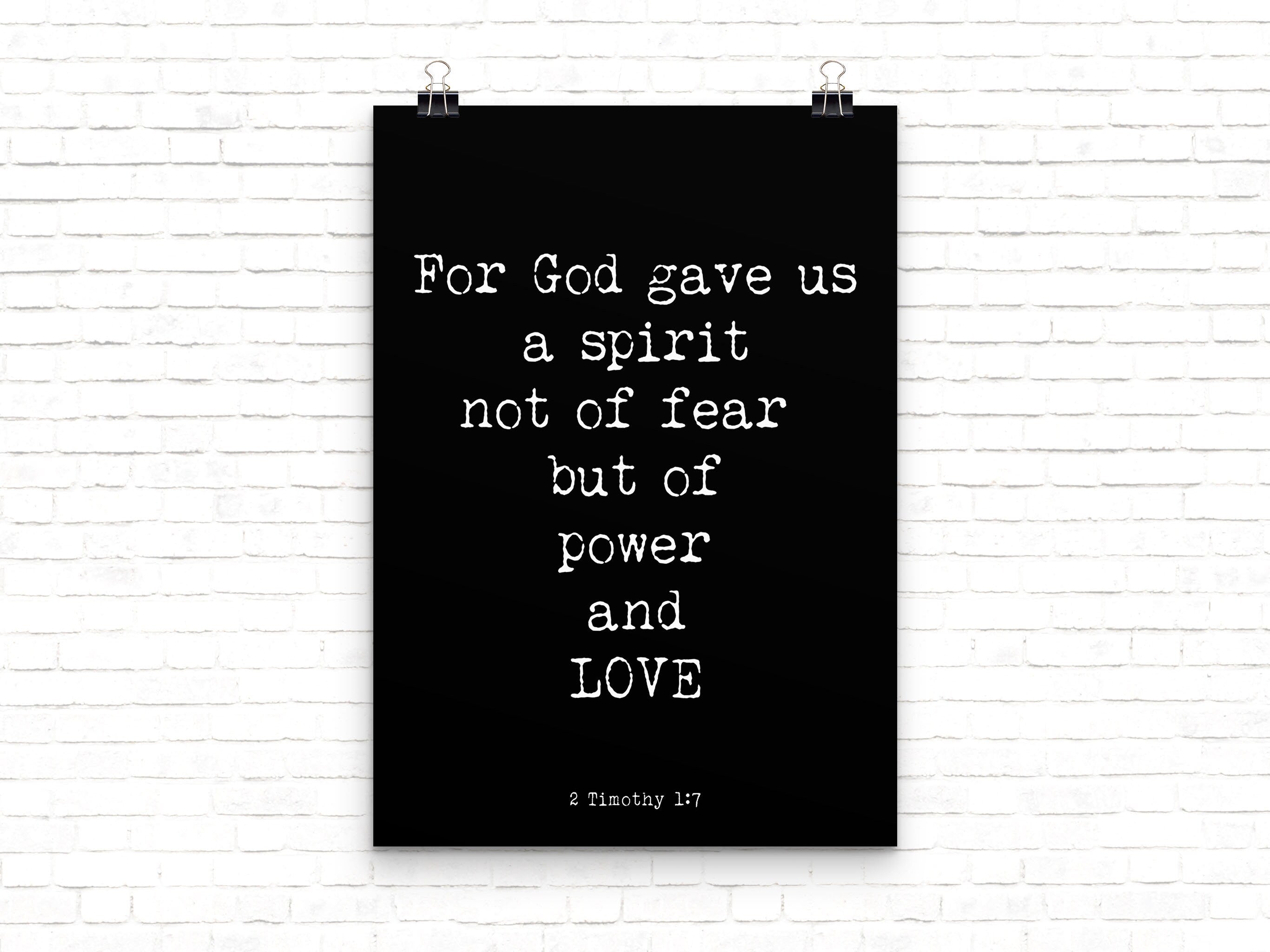 Christian Wall Art Bible Verse 2 Timothy 1:7 Quote Print, Spirit of Power and Love Wall Art in Black & White