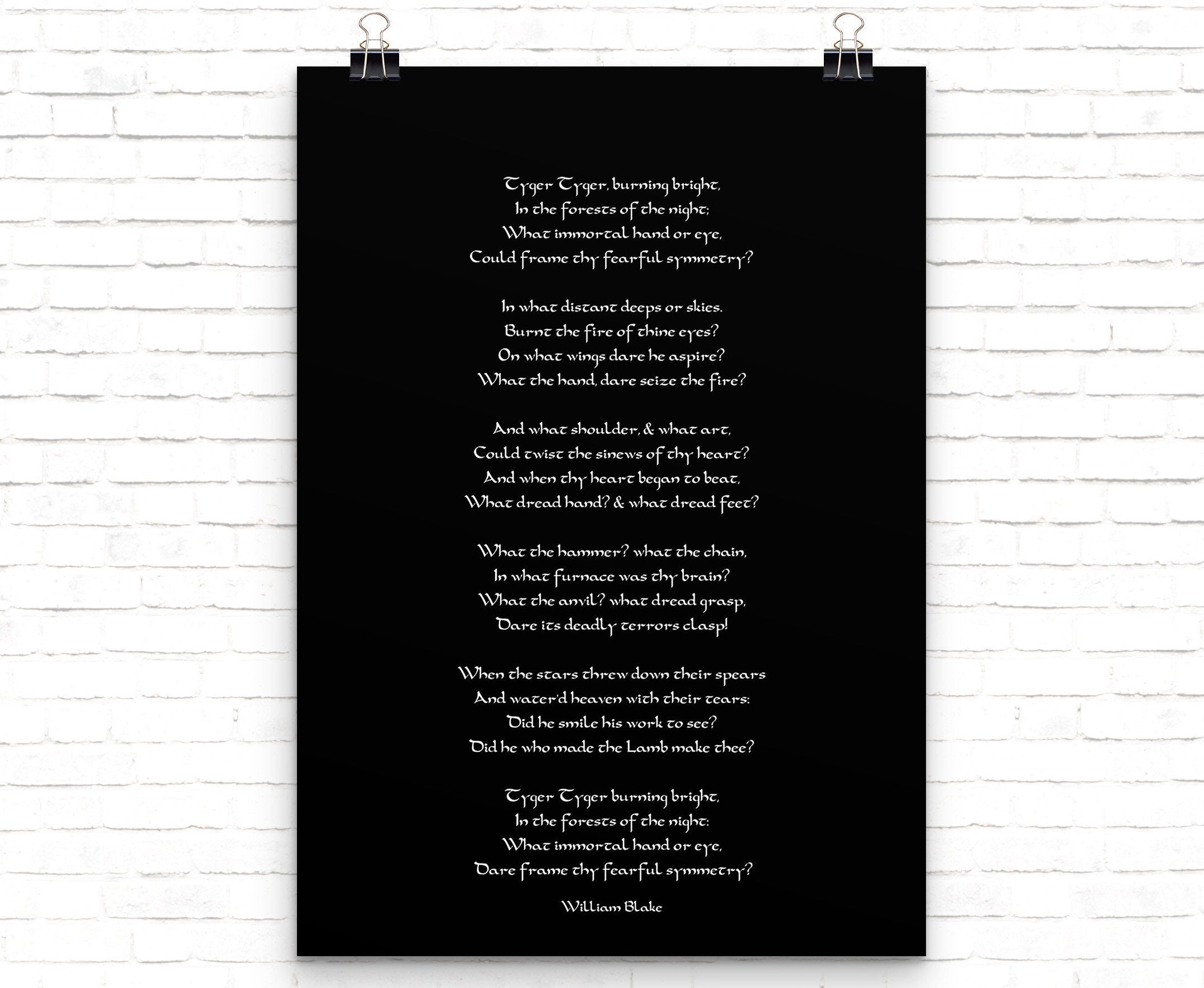 William Blake The Tyger Poem Print Black & White Art for Home Wall Decor, Unframed