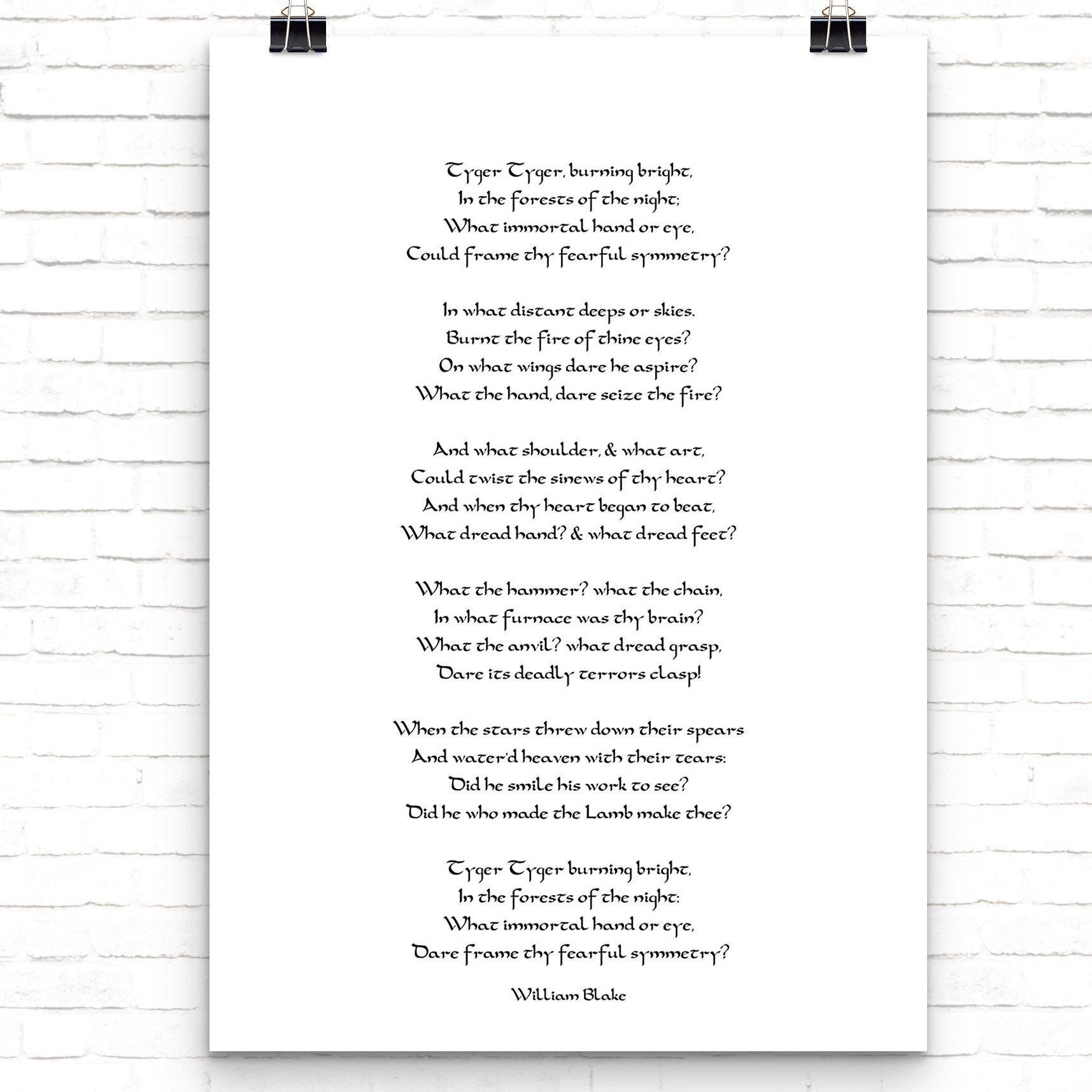 William Blake The Tyger Poem Print Black & White for Home Wall Decor, Unframed - BookQuoteDecor