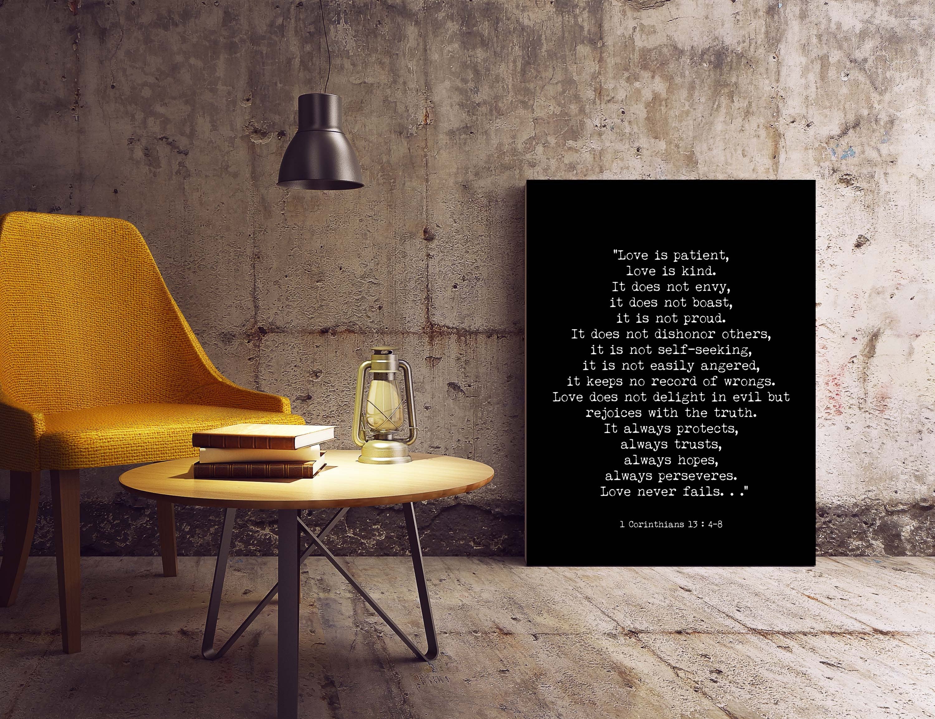 Bible Verse 1 Corinthians 13 Quote Print, Love is Patient Wall Art in Black & White